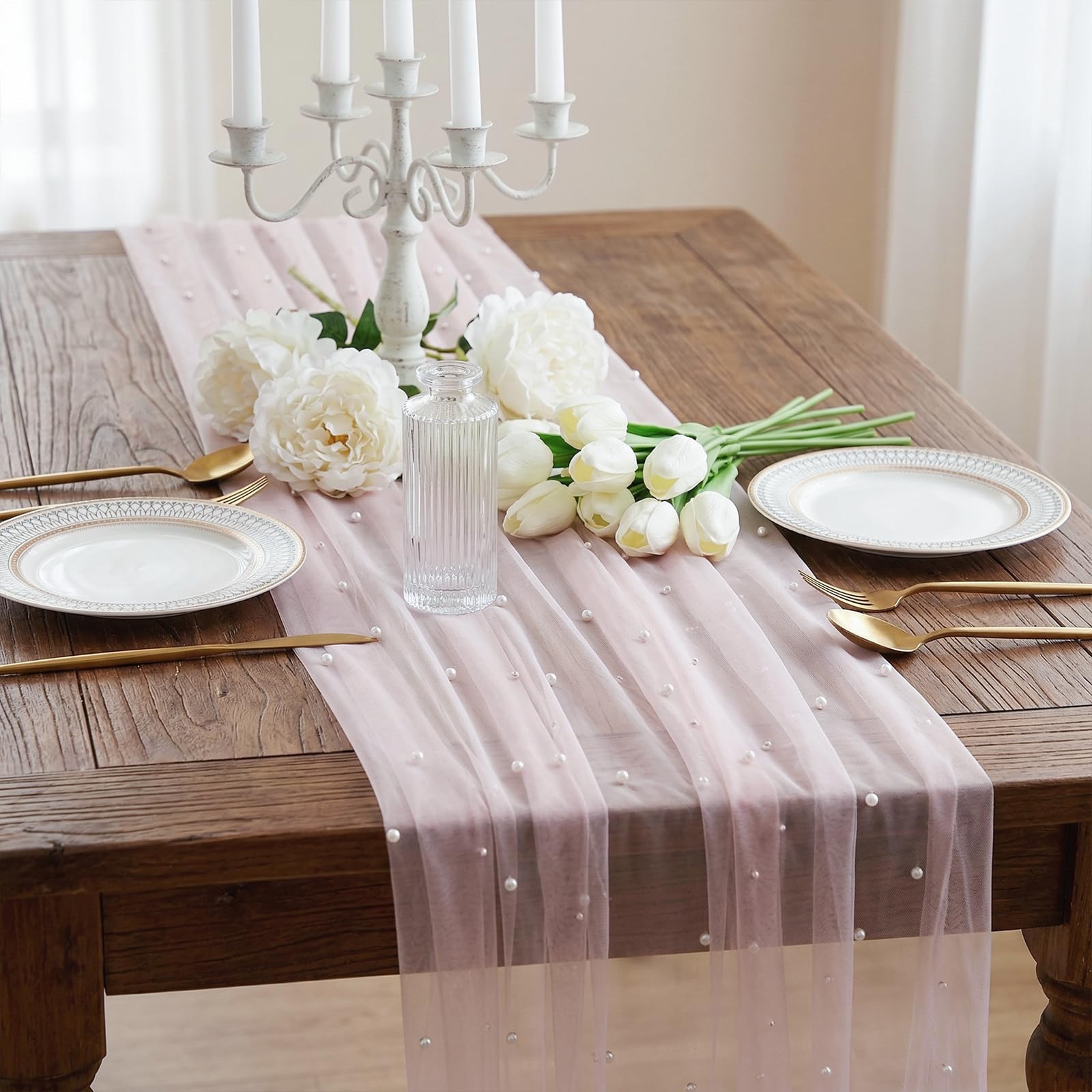 Pearl Gauze Pink Table Runner 75x300 cm, Sheer Cheesecloth Table Runners for Dining Table, Holiday, Birthday Wedding, Party & Dining Table Decor