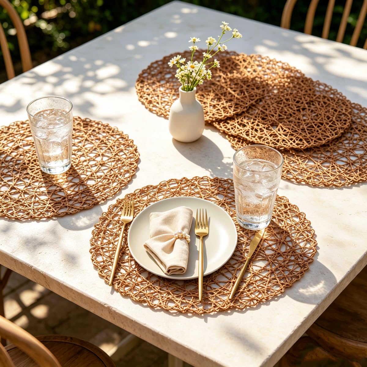 IcosaMro Braune runde Tischsets für Esstisch, 33 cm, Papier, gewebt, Boho, klein, dekorativ, rund, Platzset für Hochzeit, Weihnachten, Erntedankfest, Urlaub, Abendessen, Hellkaffeebraun