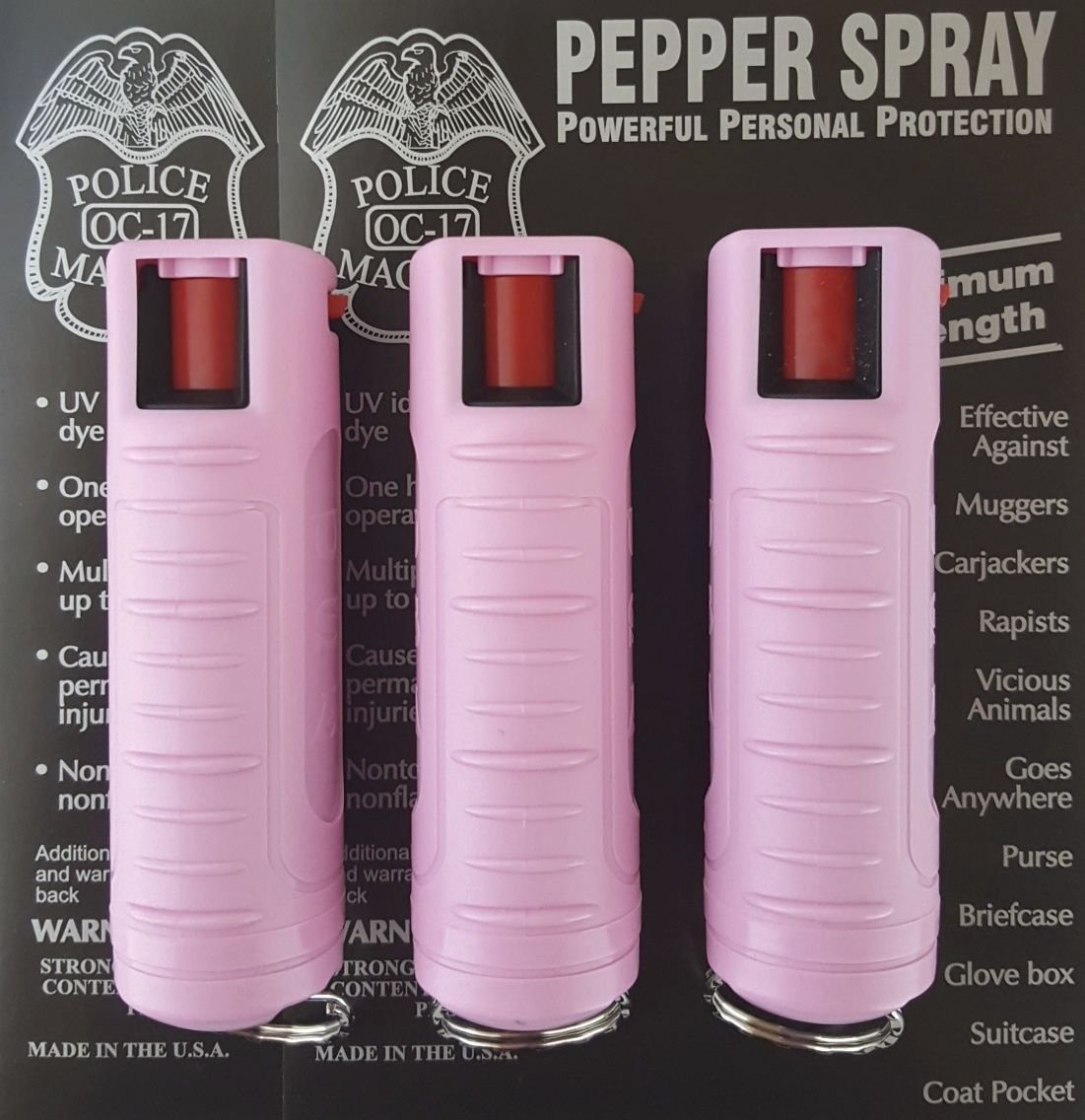Police Magnum Keychain Pepper Spray Self Defense Belt Clips- Tactical Maximum Strength OC with Dye- Personal Safety Tools for Women- Made in The USA-3 Pack Soft Pink INJ