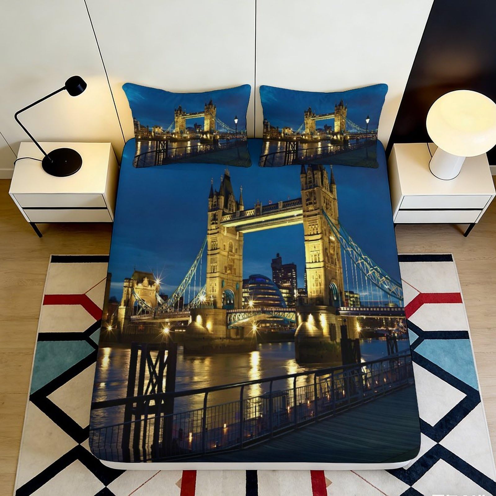 3D Printed City Night Fitted Sheet Microfiber Deep Pocket Non-Slip Bedroom Bedding City Night Mattress Fitted Cover Washable 120x200x25cm