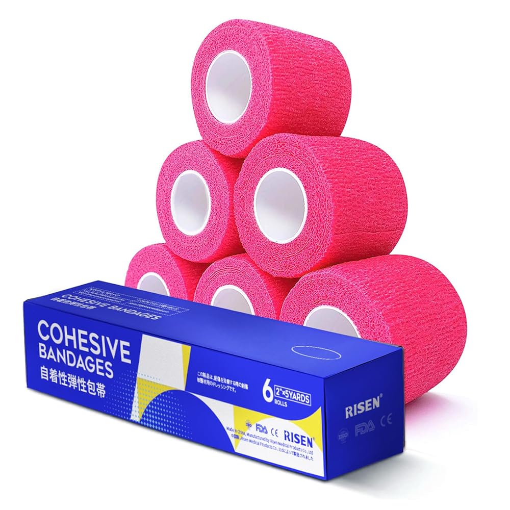 RISEN Cohesive Bandage 2 x 5 Yards, 6 Rolls, Self Adherent Wrap Medical Tape, Adhesive Flexible Breathable First Aid Gauze Ideal for Stretch Athletic
