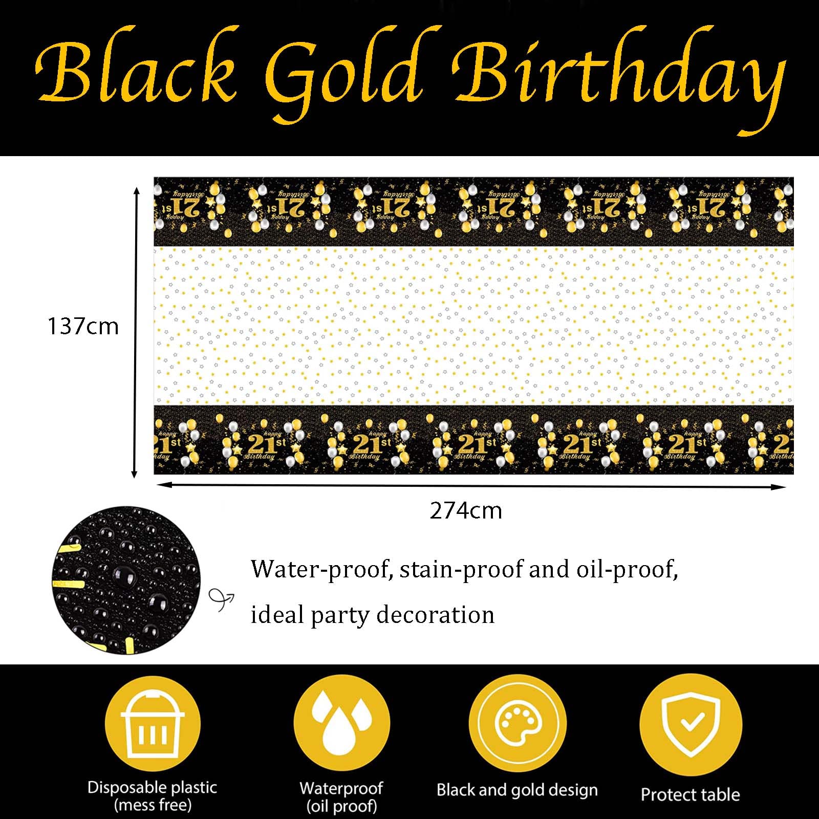 Neujahrstischdecke Schwarz-Gold – 274 X 137 Cm, Wasserdicht, 4 Stück, Für Partys & Feiern