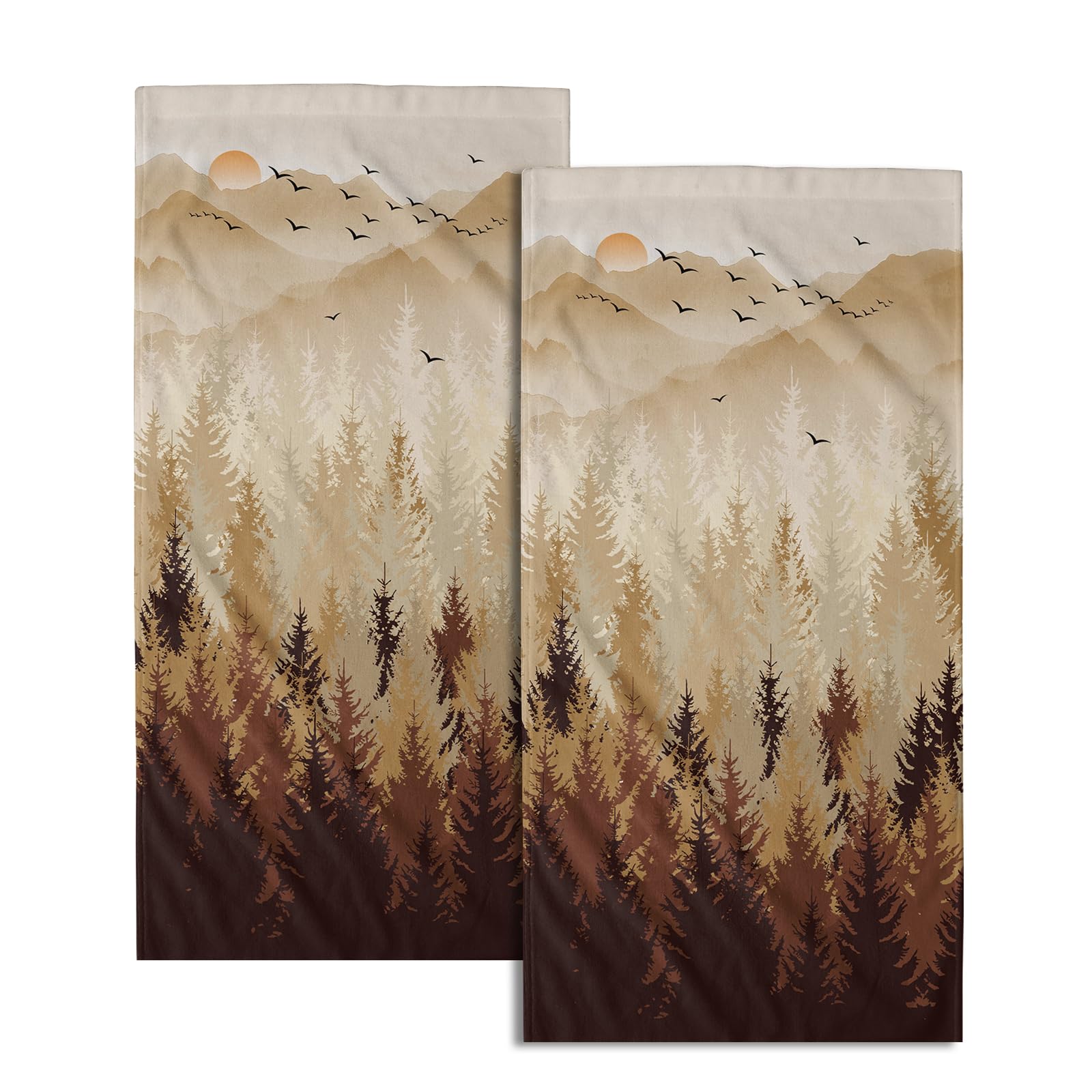 Granbey Brown Yellow Misty Forest Hand Towels Set of 2 Fall Mountain Woodland Decorative Bath Towel Nature Pine Trees Foggy Landscape Thin Kitchen Tea