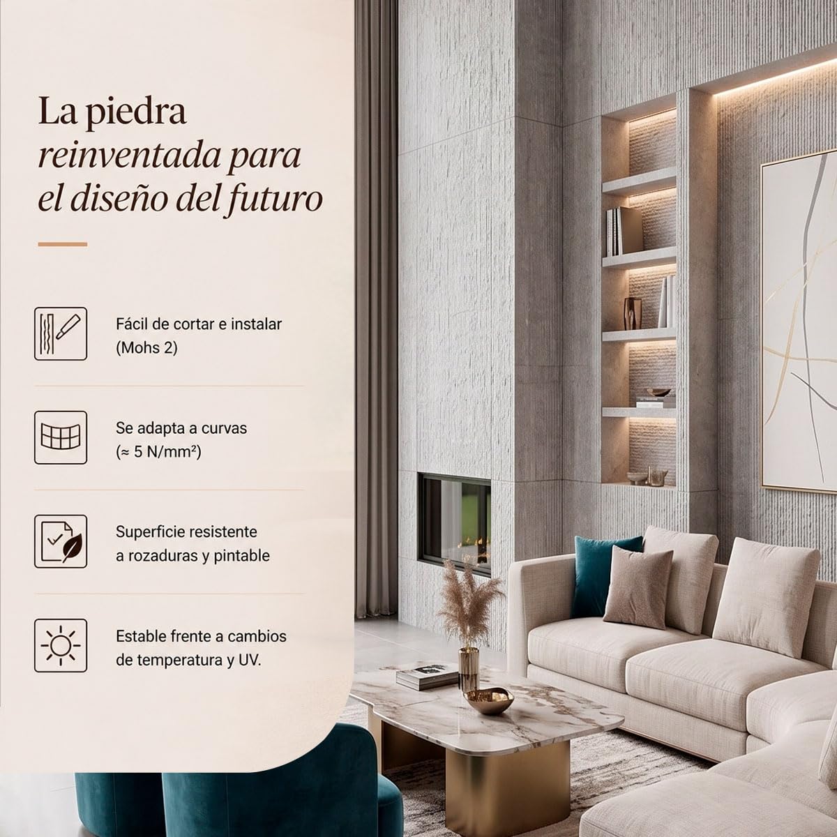 Panel piedra flexible PIEDRA LINEAL SOL-A06 60x120 cm - 3-5 mm ultrafino, ligero, curvable, resistente, interior y exterior, sin obra, textura real x4 uds acabado premium.