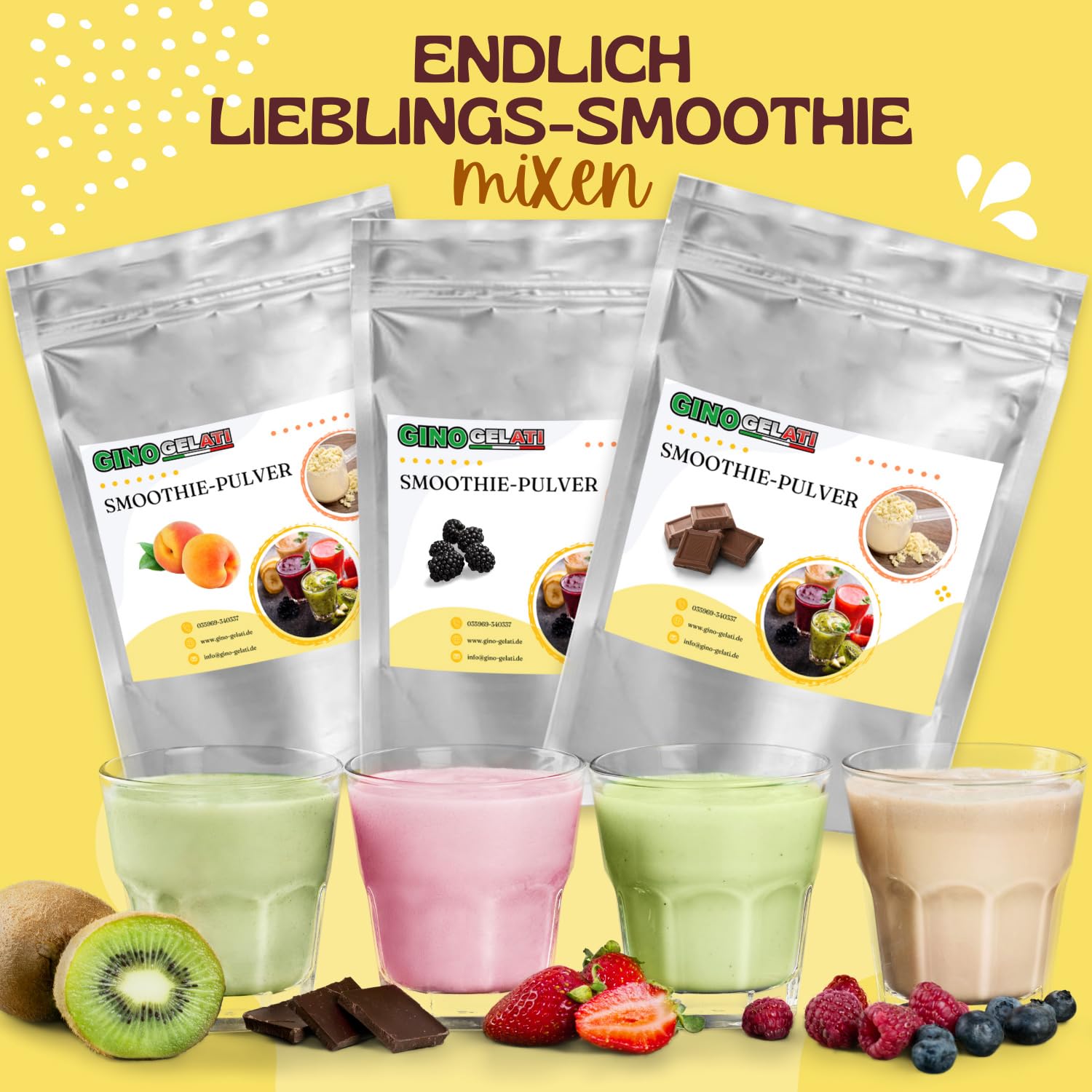 Gino Gelati Kaugummi Smoothie Pulver verschiedene Varianten und Größen verfügbar, schnelle und einfache Zubereitung, Mischverhältnis 1 : 8, Made in Germany, Vegan (1 Kg, Rosa)
