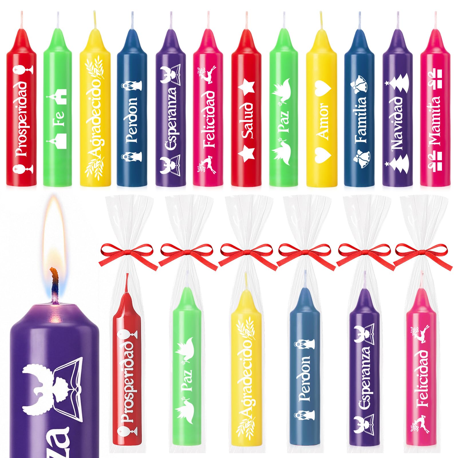 Lounsweer 24 Pcs Colored Colombia Candle Spell Candles Set Night Supplies 4 Tall x 1/2 Diameter Spell Taper Candles with Inspirational Inscriptions for Christmas Virgin Day Family Community