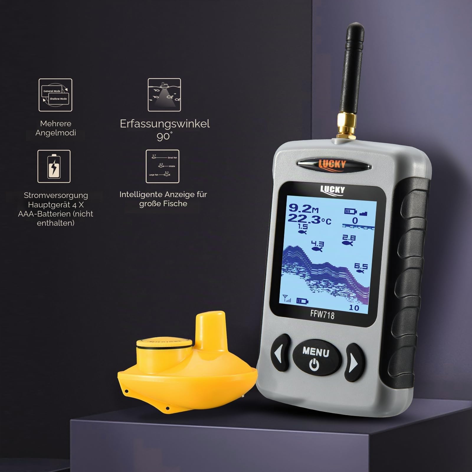 LUCKY Drahtloser Wassertiefe-Fischfinder Kajak Tragbarer Fischfinder Sonarsensor LCD-Anzeige Boot-Fischfinder für Ufer Kajaks Angeln FFW718