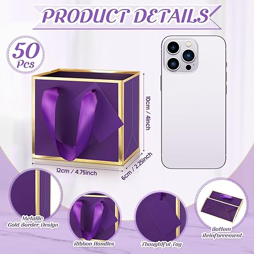 Miniatura 2 de Yeaqee 50 mini bolsas de regalo de papel de aluminio metálico con asas de 4 x 5 x 2 pulgadas, extra pequeñas, bolsas de agradecimiento con etiqueta