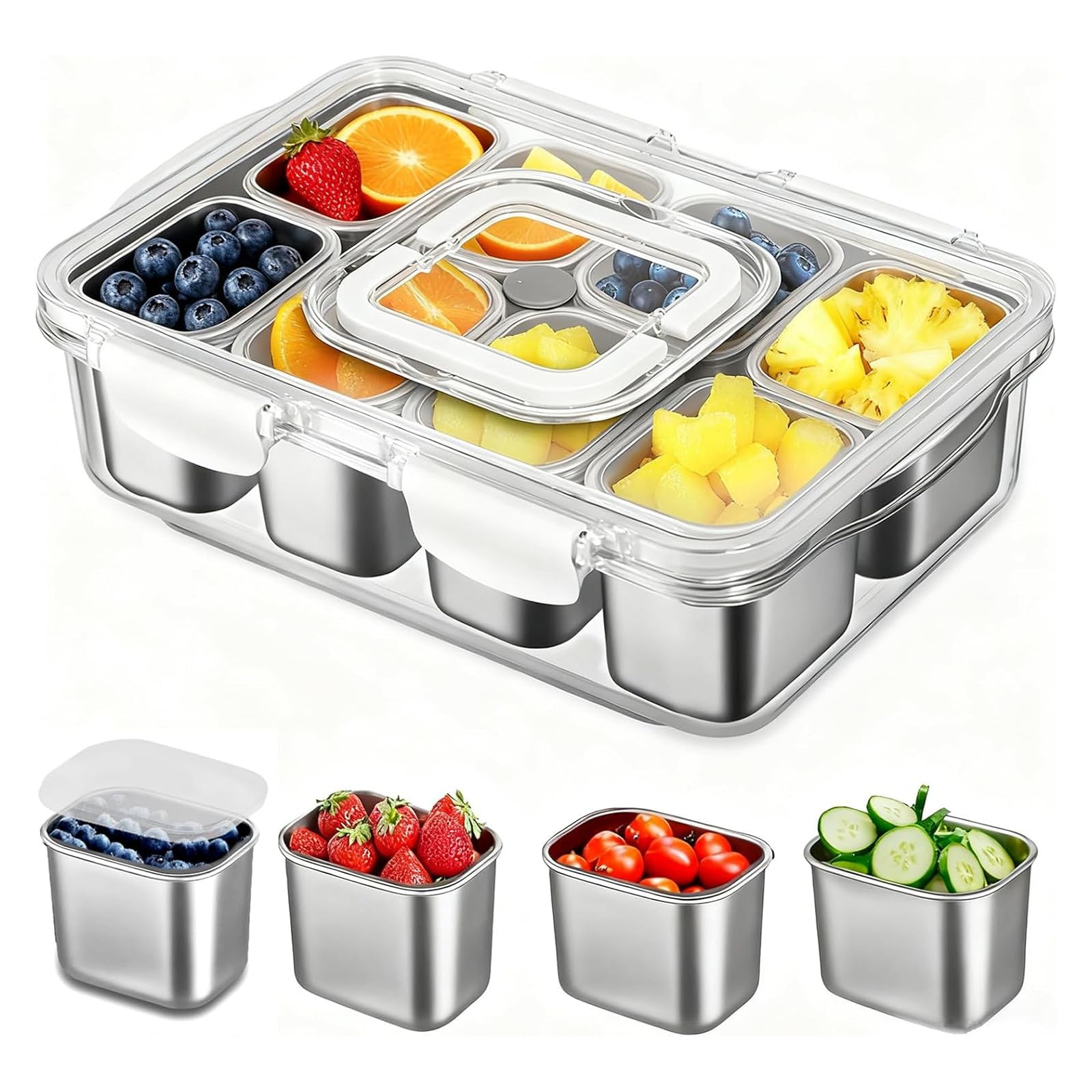 UNIVERTEN Snackbox mit 8 Edelstahl Fächern Tragbar Snack Aufbewahrungsbox mit Deckel und Griff, Auslaufsicherer Snackdose Organizer für Snacks Süßigkeiten Keksen Dessert GemüseNüsse Obst Gewürze