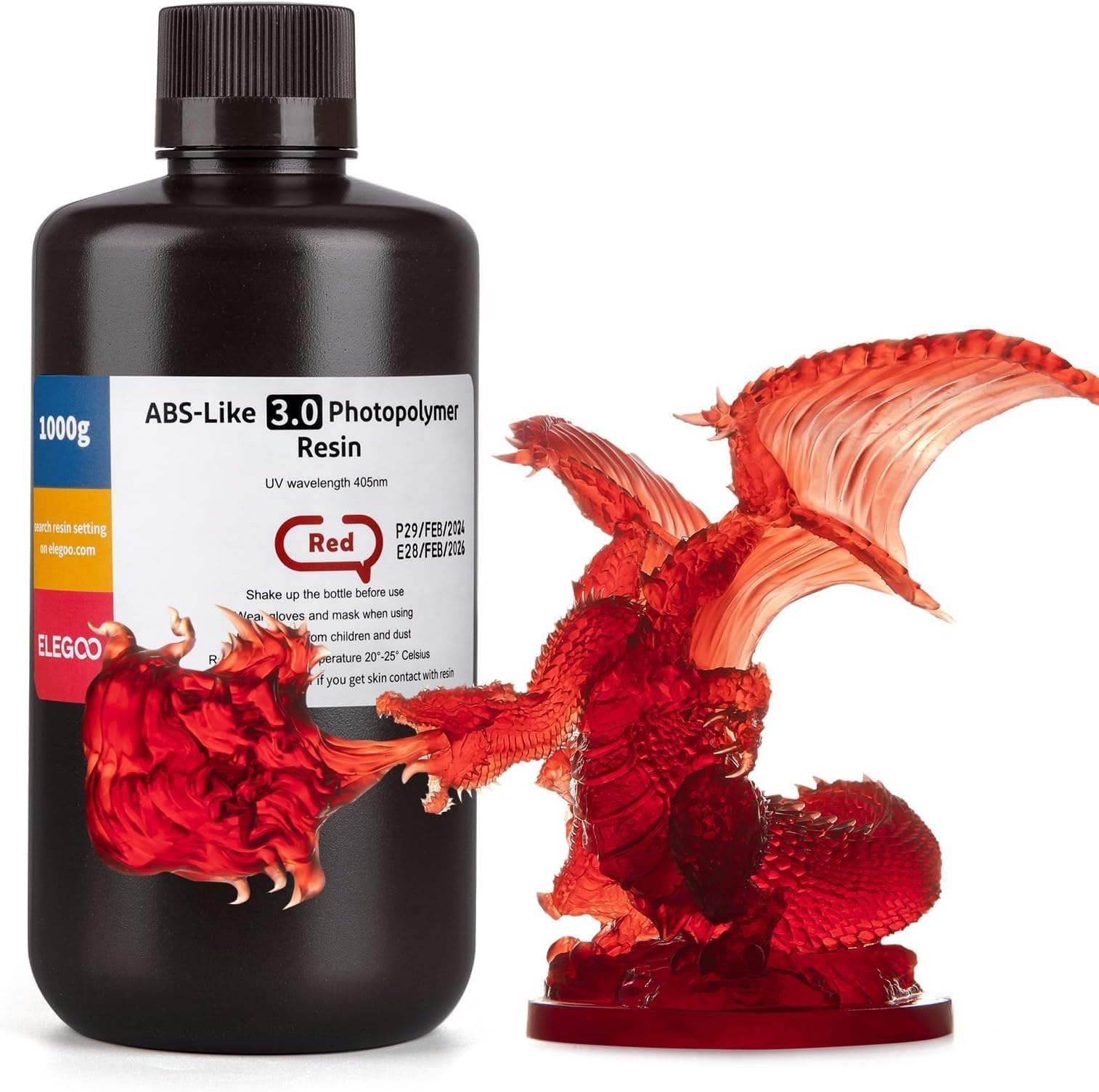 ELEGOO ABS-Like 3D Printer Resin 3.0, 405nm UV-Curing Photopolymer Resin for Mars Saturn Jupiter MSLA DLP LCD 3D Printing with Strength and Toughness, High Precision, Low Viscosity, Clear Red 1000g