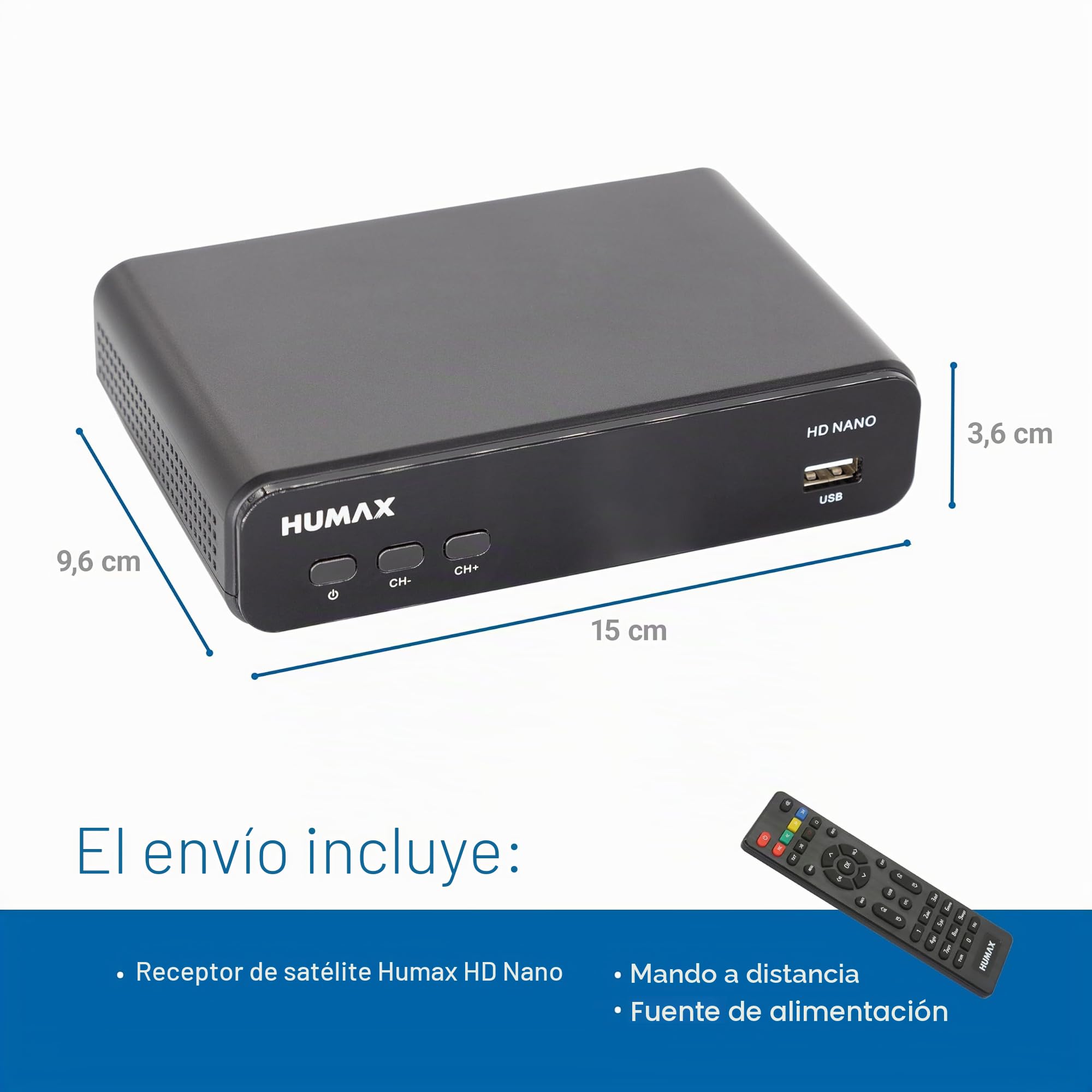 Humax Digital HD Nano Receptor Satélite Digital HD 1080P HDTV con Fuente de alimentación 12V Camping - Astra preinstalado - HDMI, euroconector DVB-S/S2, sin Cable HDMI