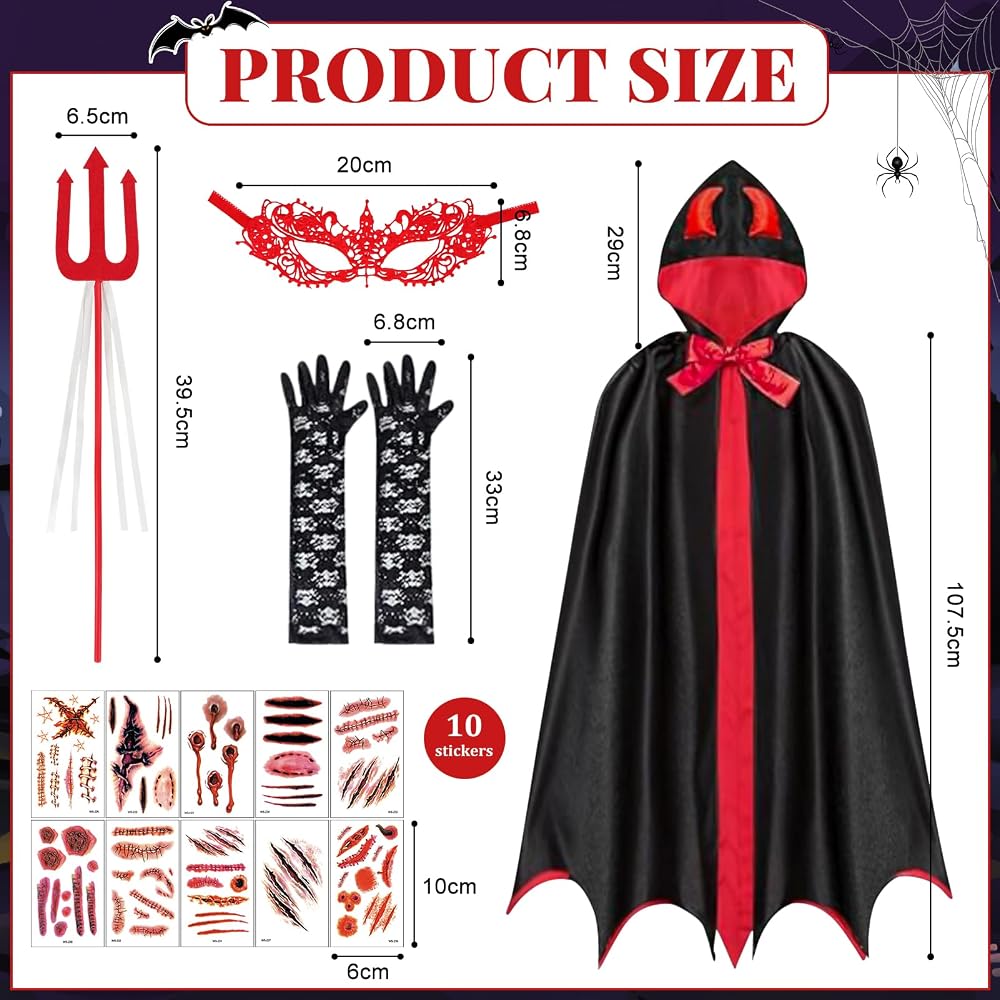 GEEKEO Mantello Nero Halloween con Cappuccio, Costume Malefica Diavolo Cosplay con Copricapo Corna Regina Collana in Pizzo, Accessori Halloween Donna per Carnevale Natale Masquerade