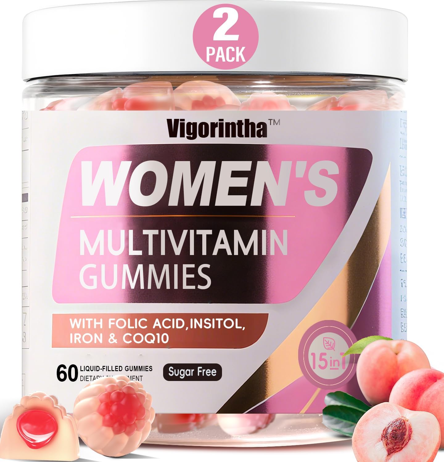 2 Pack Sugar Free Womens Multivitamin Gummies with 19 Multi Vitamins & Minerals,Iron,Calcium,Folate,Biotin,Inositol for Skin,Hair,Energy and Immune,Vegan,Natural Peach Flavored, 120 Count