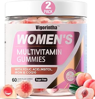 2 Pack Sugar Free Womens Multivitamin Gummies with 19 Multi Vitamins & Minerals,Iron,Calcium,Folate,Biotin,Inositol for Skin,Hair,Energy and Immune,Vegan,Natural Peach Flavored, 120 Count