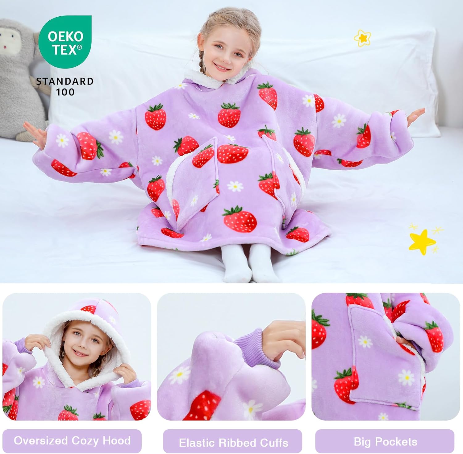 Kipswiza Strawberry Wearable Blanket Hoodie for Kids 6-13 Oversized Sherpa Fleece Hooded Blankets Sweatshirt for Girls Boys with 2 Big Pockets & Long Sleeves, Gift Ideas - Light Purple