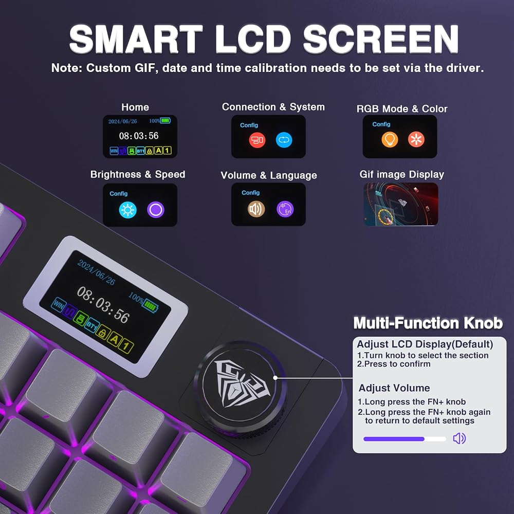 AULA S98 Pro Wireless Mechanical Keyboard with Screen & Knob,2.4GHz/USB-C/BT5.0 Hot Swappable Creamy Keyboard,Pre-lubed Linear Switches,Side Printed PBT Keycaps,RGB Backlit Gaming Keyboards