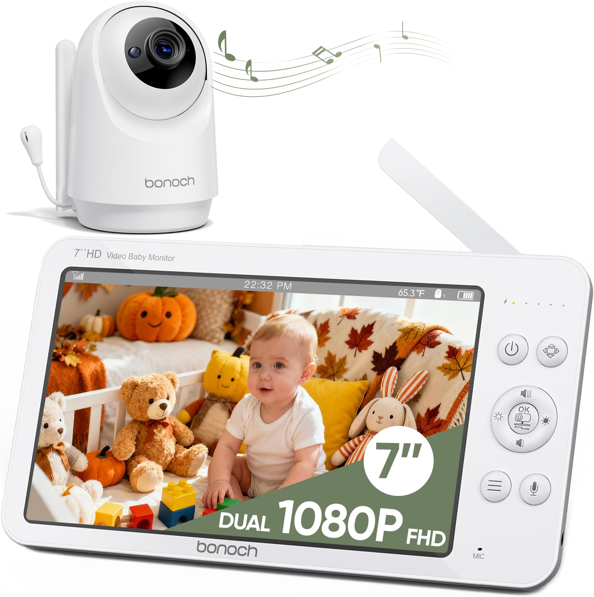- bonoch 7" Baby Monitor No WiFi, Upgraded 1080P HD MegaView Video Monitor with Camera and Audio, 6000mAh Battery, VOX Mode, Night Vision, Hack Proof, Remote PTZ, White Noise, Gifts for Parents