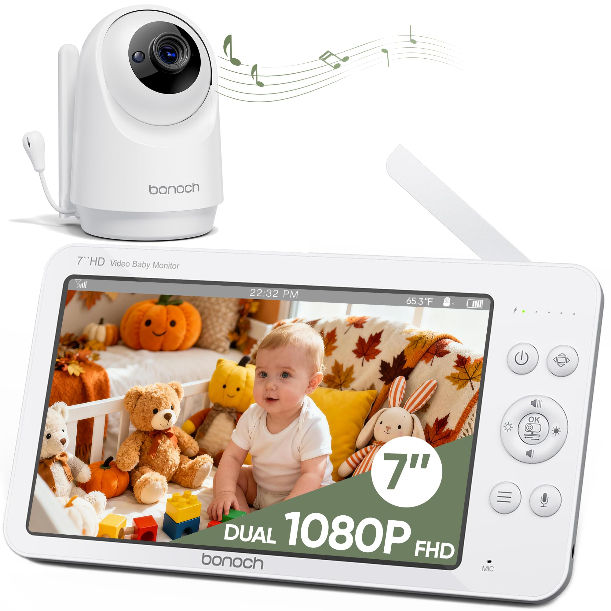 bonoch 7" Baby Monitor No WiFi, Upgraded 1080P HD MegaView Video Monitor with Camera and Audio, 6000mAh Battery, VOX Mode, Night Vision, Hack Proof, Remote PTZ, White Noise, Gifts for Parents