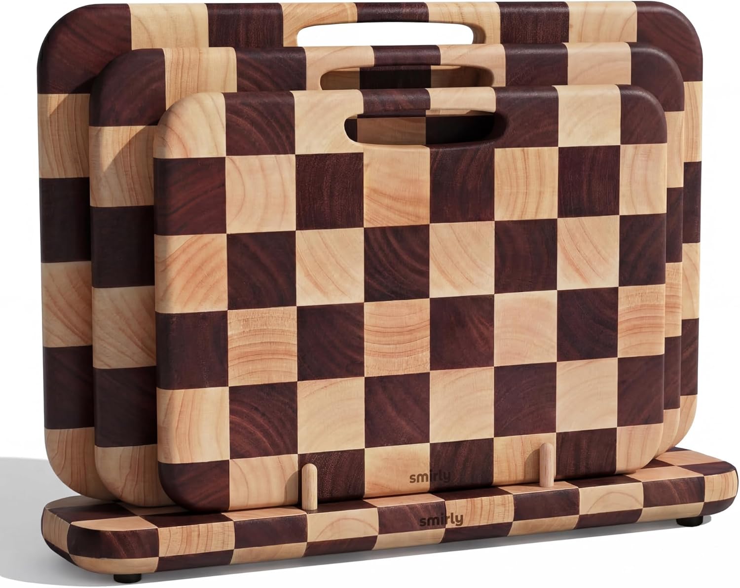 SMIRLY Wooden Cutting Boards for Kitchen, Double-Sided Cutting Board with Handle, Heavy Duty Solid Rubber Wood Cutting Board Set with Stand, 3 Pcs Cutting Boards Non Toxic for Meat Vegetable Fruit
