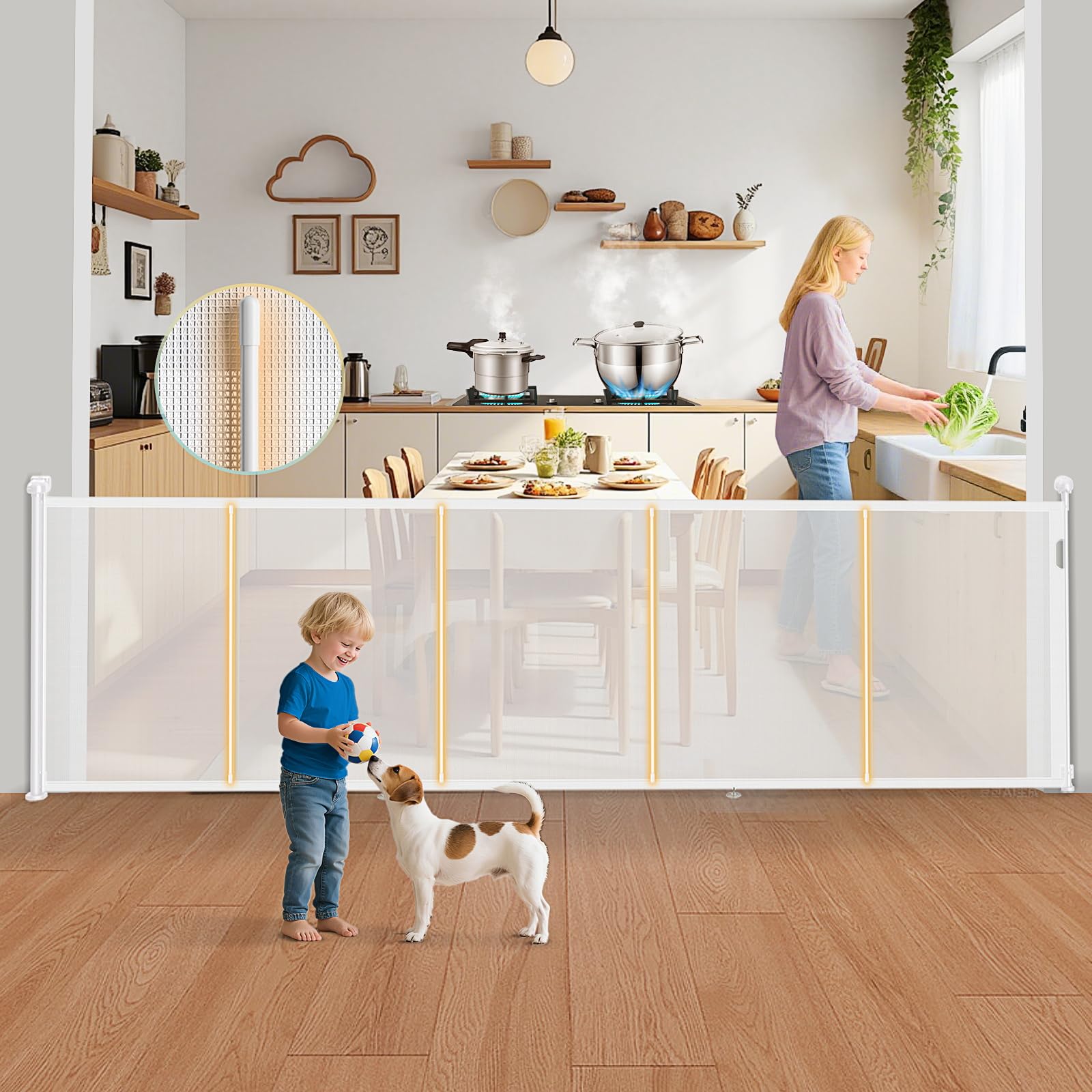 400 cm einziehbares Babygitter, extra breit, verbessertes 105 cm hohes einziehbares Treppenschutzgitter für Baby und Hund, Hundegitter, Babygitter für Treppen/Flur/Innen/Außenbereich