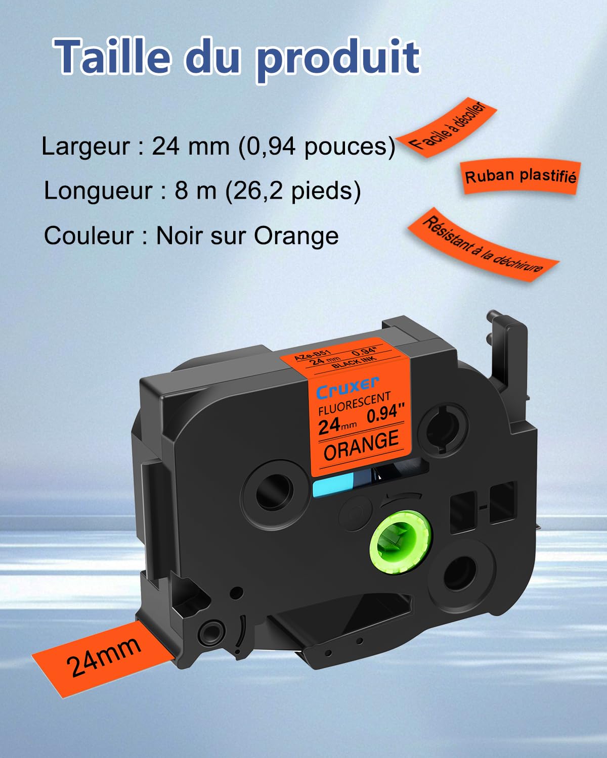 Lot de 8 rubans compatibles pour P-Touch TZE-B51 Noir sur Orange 24 mm
