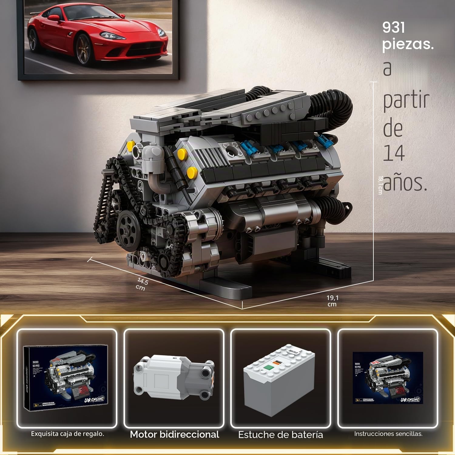 Mavo brix Kit de Modelo de Motor V8 Que Funciona, Moc Coleccionable Mini V8 Motor Building Set con Motor, decoración de Oficina en el hogar, Regalo Ideal para 14 + y Adultos, 931 PCS