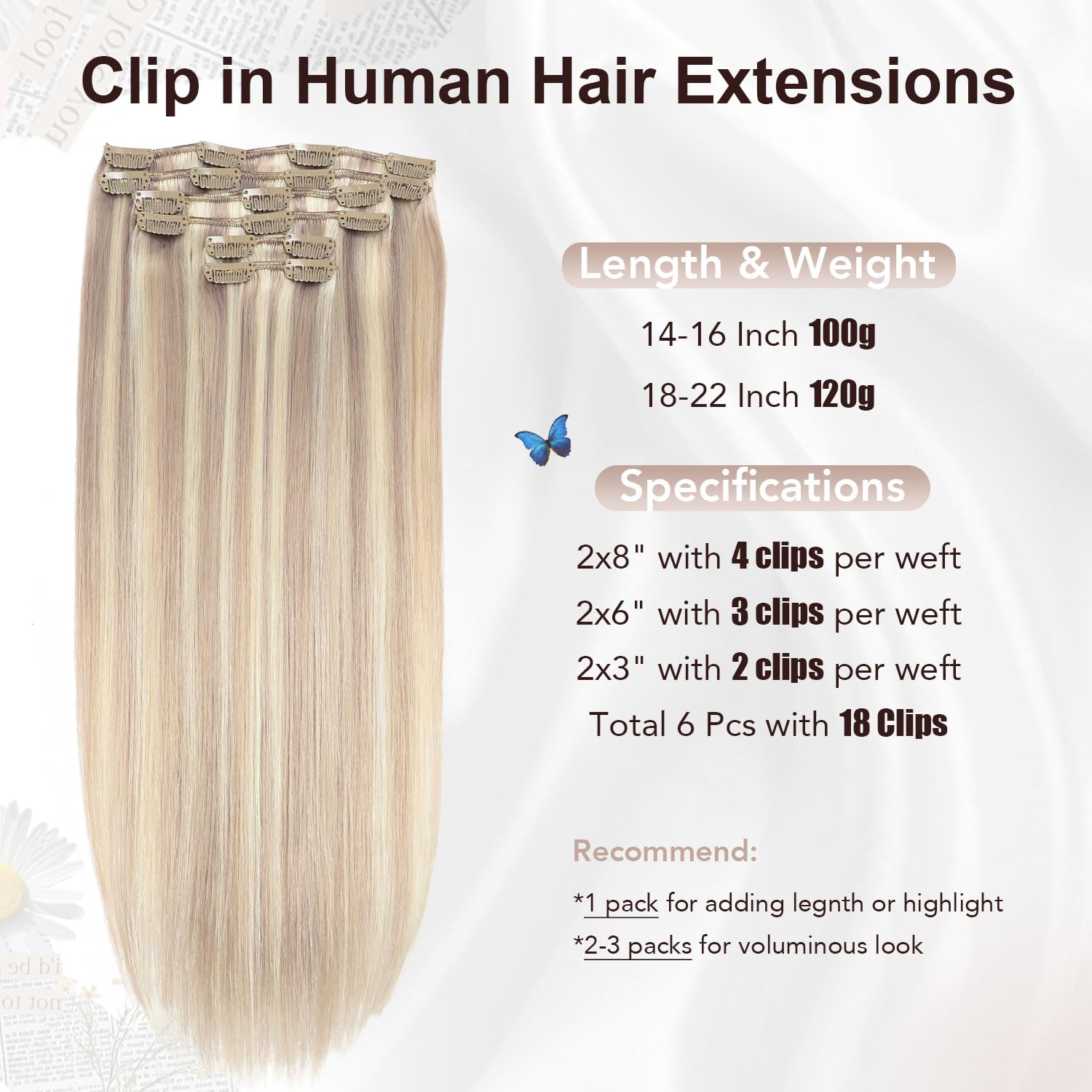 XDhair Clip in Extensions Echthaar Blond Echthaar Extensions | 35cm 100g,Ashblond Highlight Gebleichtes Blond Clip in Remy Haarverlängerungen Echthaar #18P613,14 Zoll 6 Stück