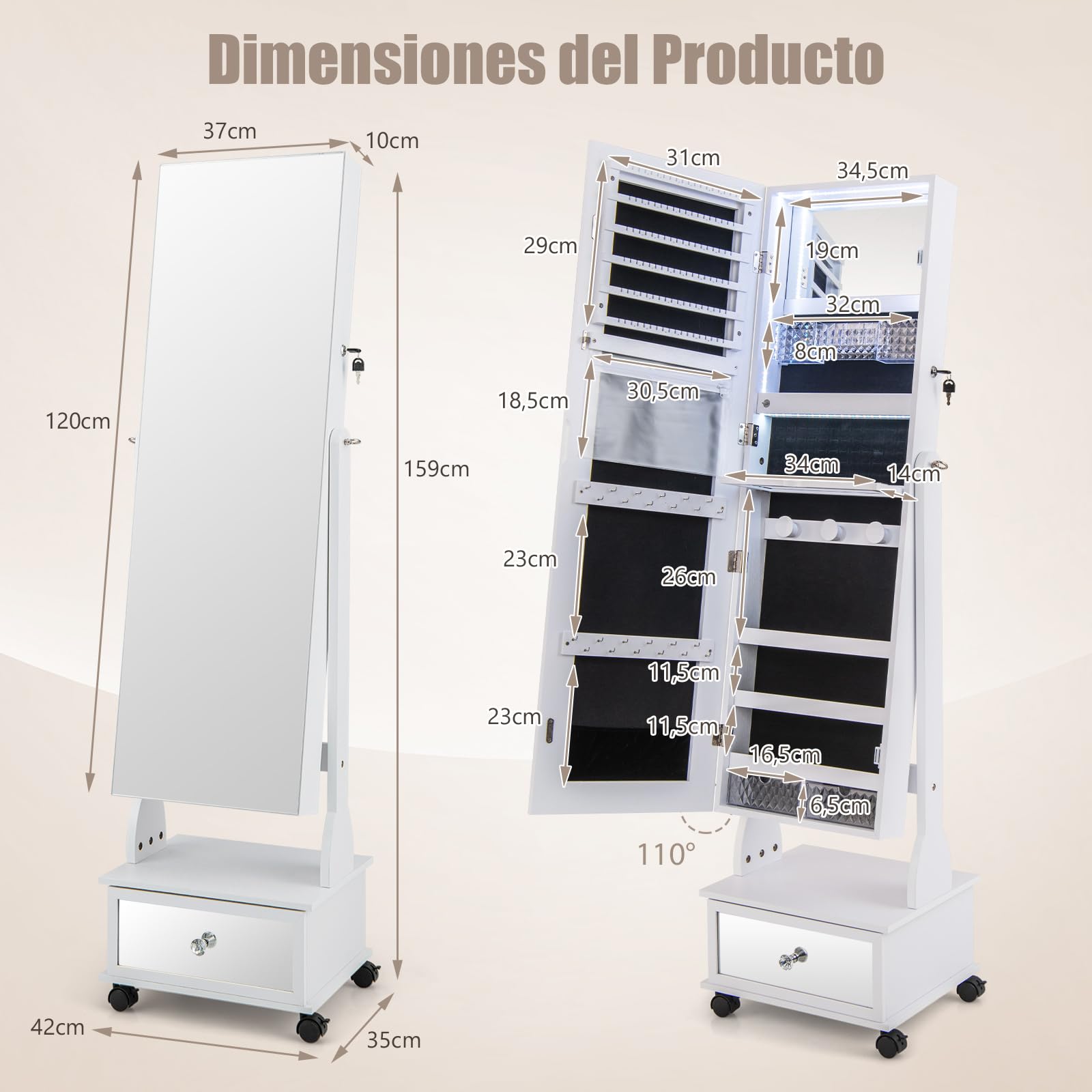 COSTWAY Armario para Joyas, Espejo Joyero de Pie Con Luces LED de 3 Colores, Espejo de Pie Cuerpo Entero con Cerradura, Cajón y 4 ruedas, Almacenamiento de Joyas Con Espejo de Maquillaje (Blanco)