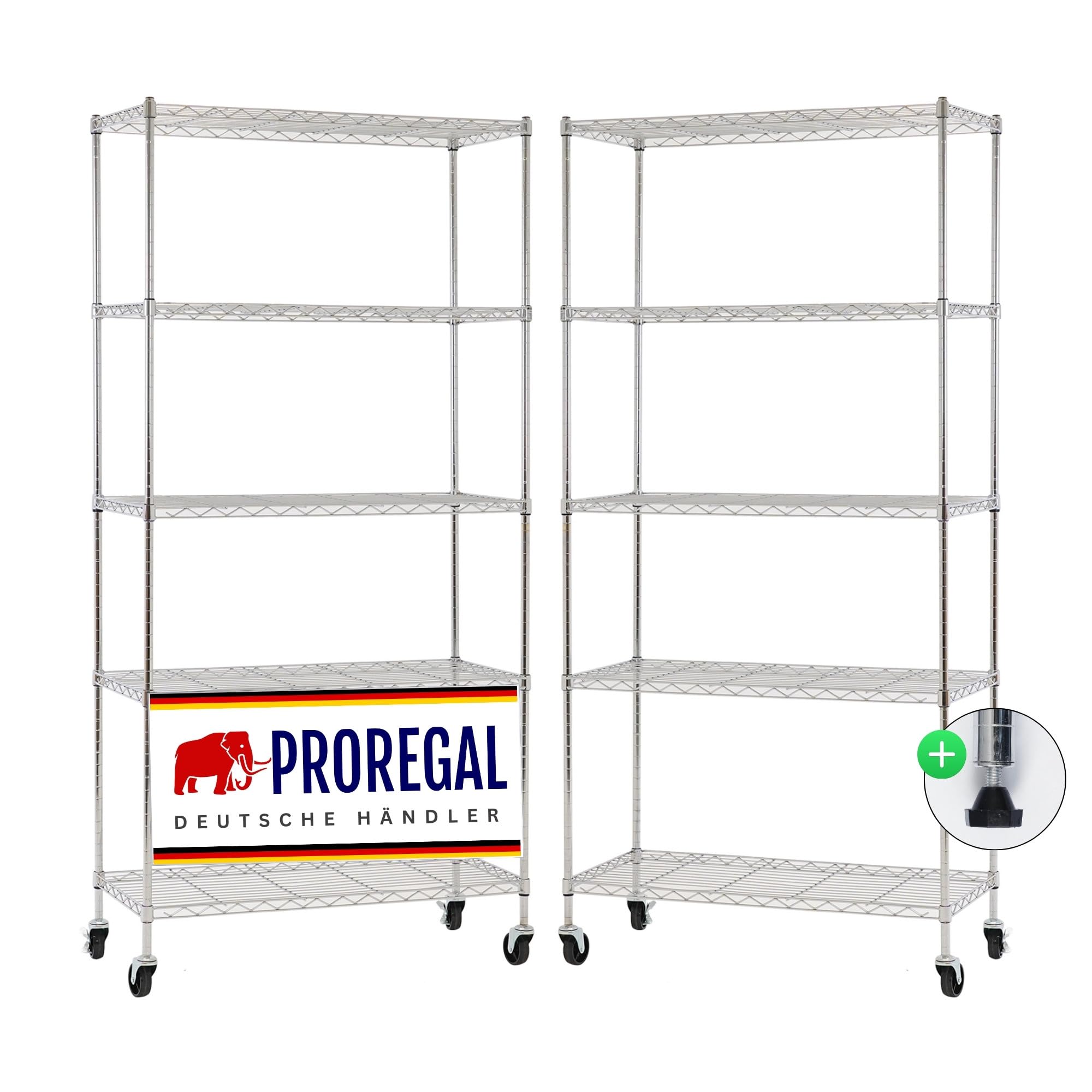 PROREGAL Mega Deal 2X Gitterregal Hades mit Rollen & 5 Gitterböden Metall 180x90x40cm Fachlast 75kg Metallregal Chrom Drahtregal Schmal Silber Küchenregal Aufbewahrungsregal