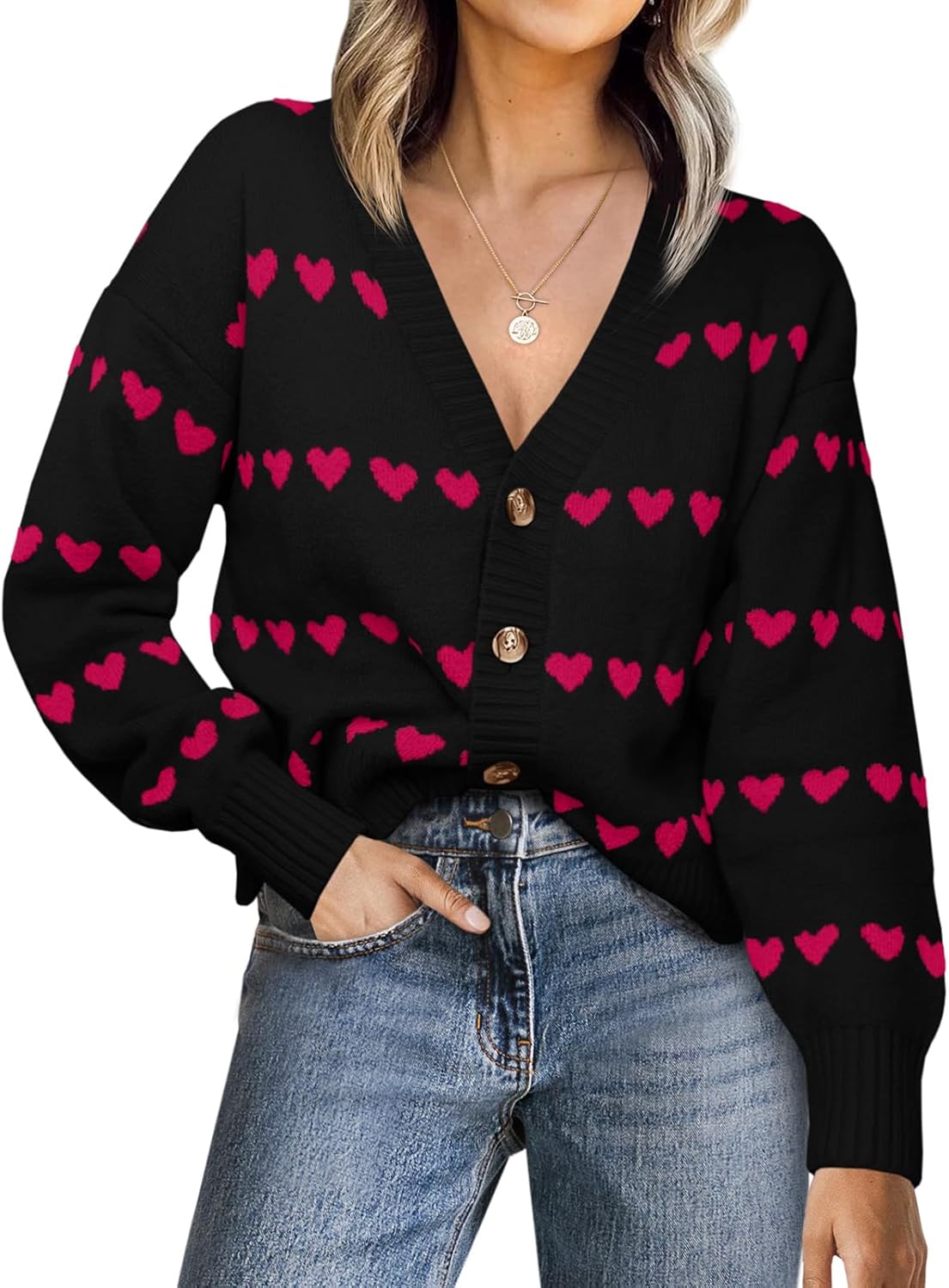 Saodimallsu Womens Heart Cardigan Sweaters Valentines V Neck Button Down Long Sleeve Knit Striped Sweater Coats