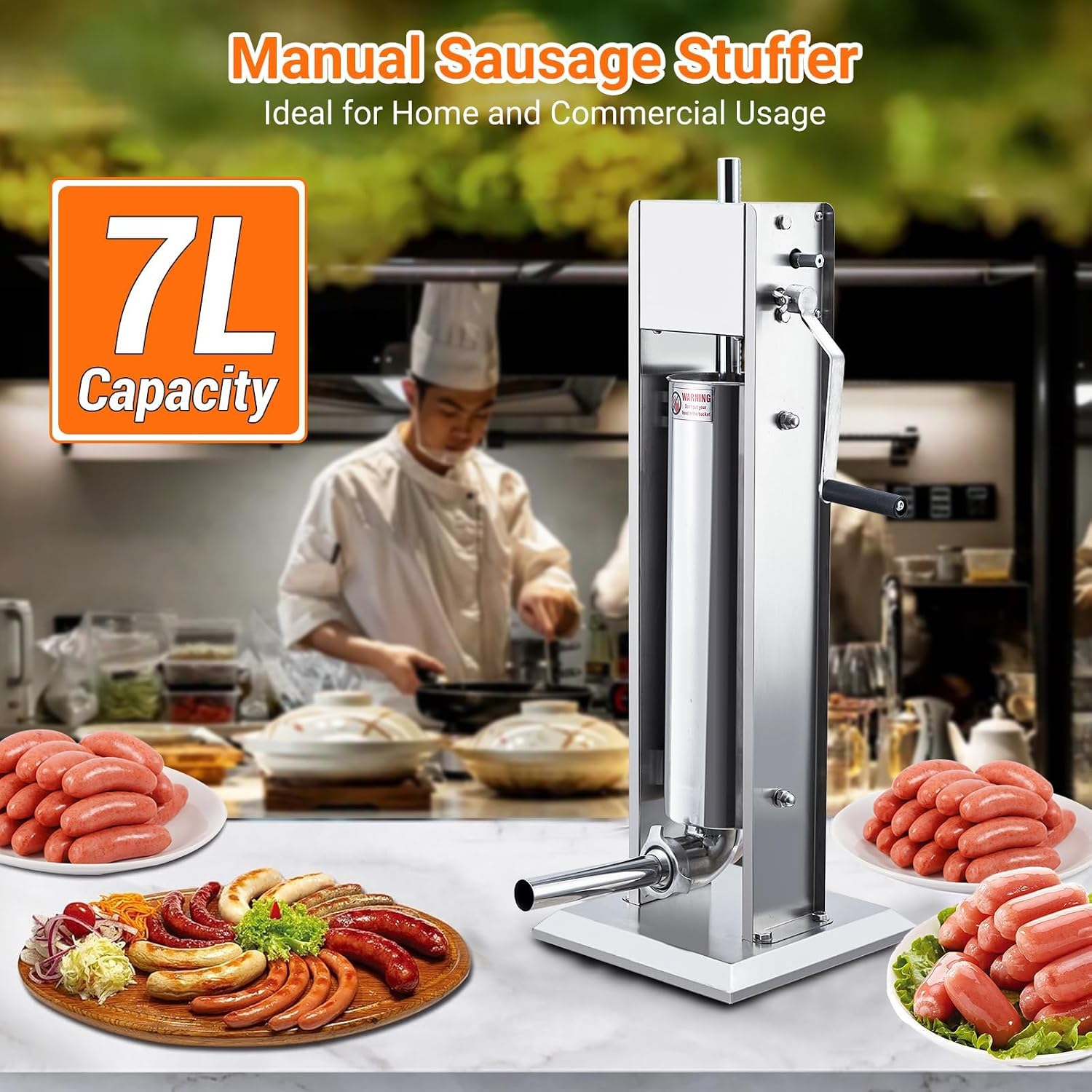 Manual Sausage Stuffer 15LB/7L, Dual Speed Meat Stuffer, Stainless Steel Heavy Duty Sausage Filler with 5 Stuffing Tubes, for Home Use, Commercial Use, Butcher Shop, Restaurant