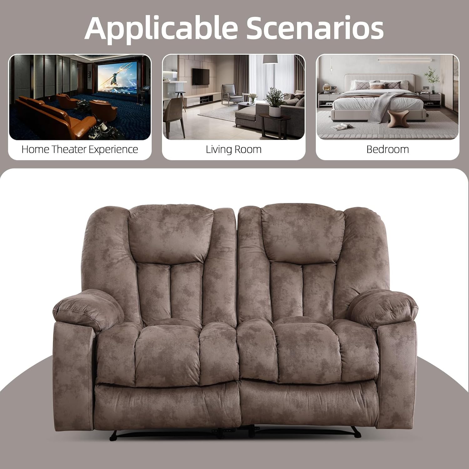 EBELLO 2 Piece Reclining Living Room Set, Soft Fabric Manual Recliner Sofa Set, Included Recline Chair with Massage and Heat and Loveseat Daul Recliner, Light Brown