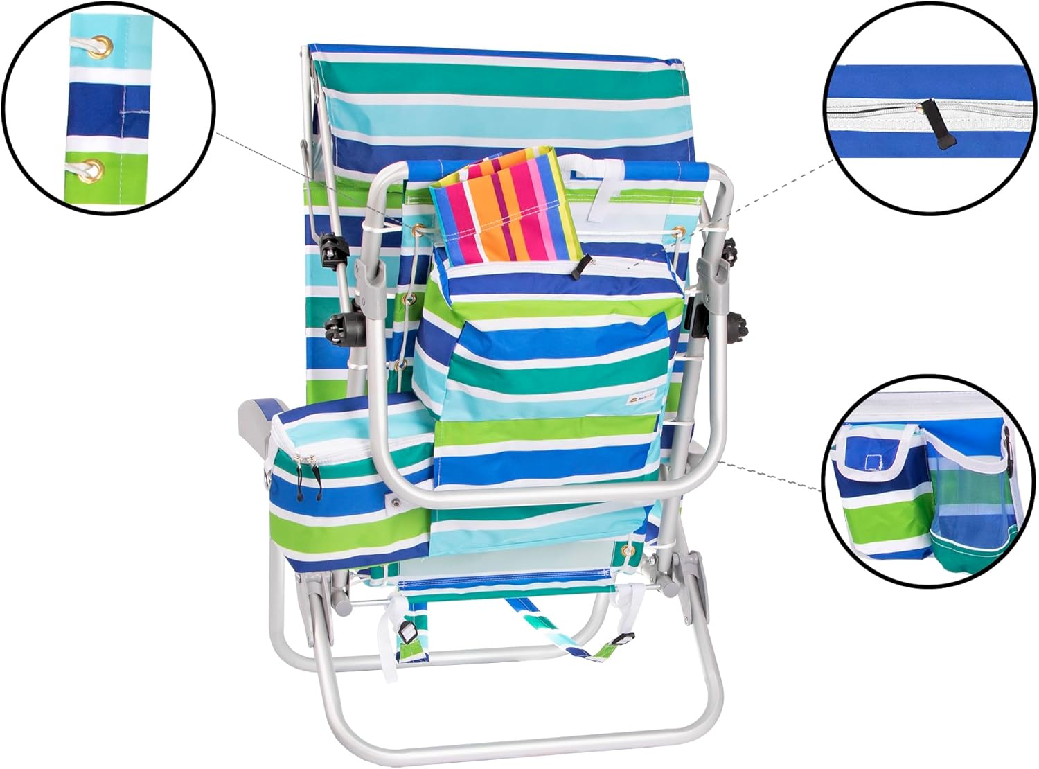 Ultimate Heavy Duty Aluminum Lace-Up Folding Backpack Beach Chair for Adults | Low Seat, Lay Flat, 5 Reclining Positions | Removable Insulated Cooler Pouch & Canopy for UV Protection