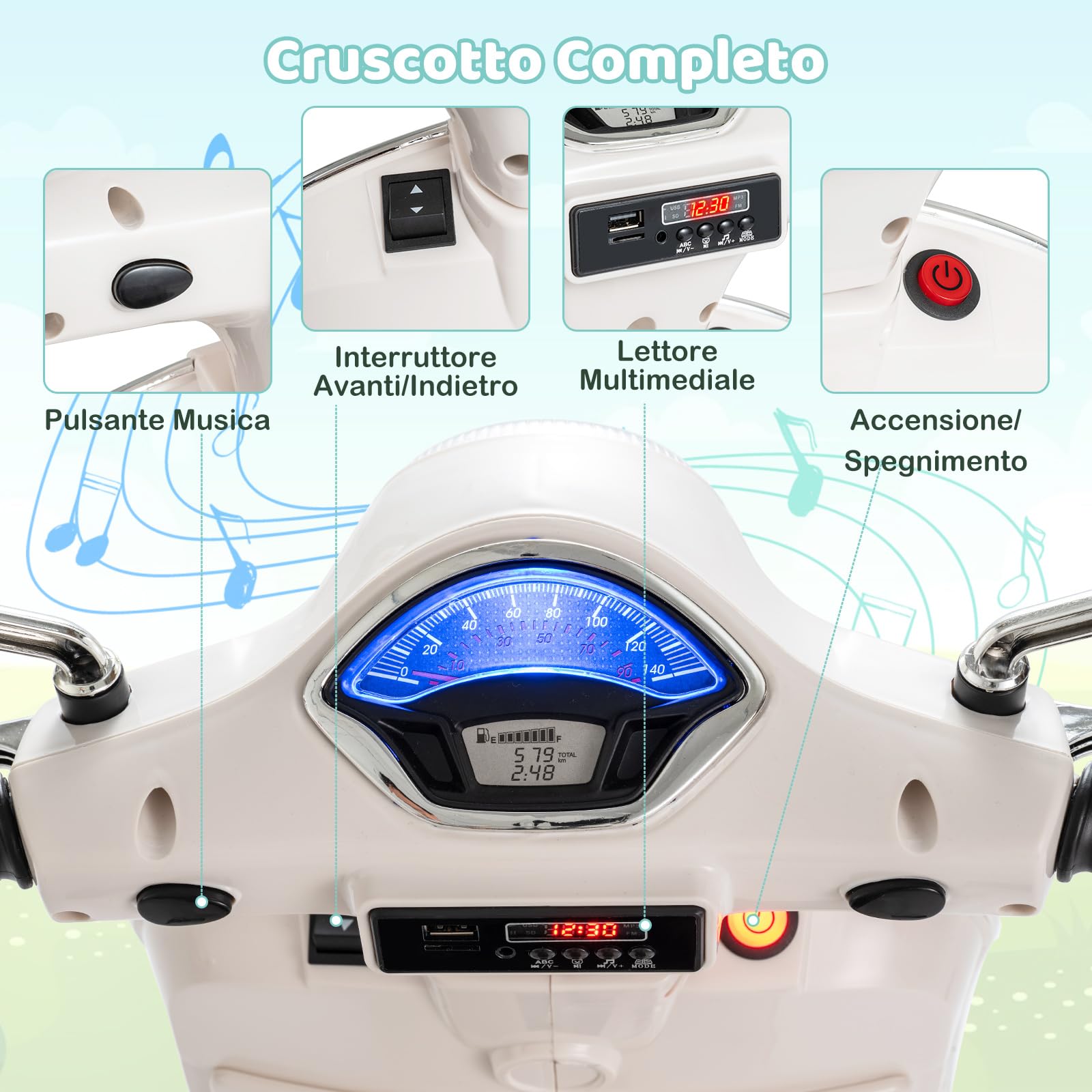 RELAX4LIFE Moto Elettrica per Bambini, Vespa Licenziato con Luci LED, Ruote di Addestramento, Musica, Clacson e Pulsante di Avvio Unico, Batteria da 12V, per Bambini 3-6 Anni (BIANCO)