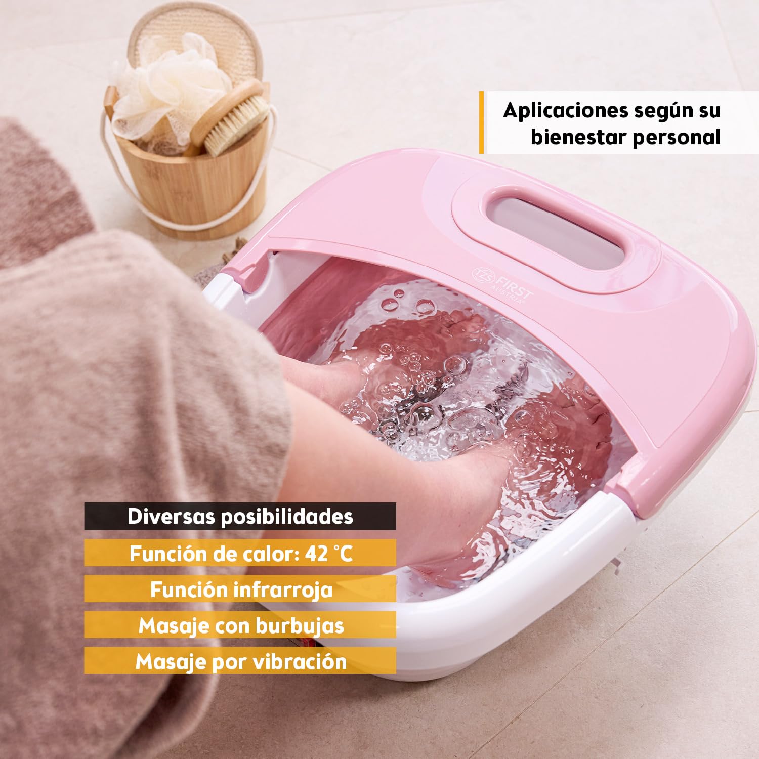 TZS First Austria Hidromasajeador plantar plegable 450W 3 accesorios 8 rodillos de masaje Pediluvio eléctrico vibración burbujas infrarrojos calefacción