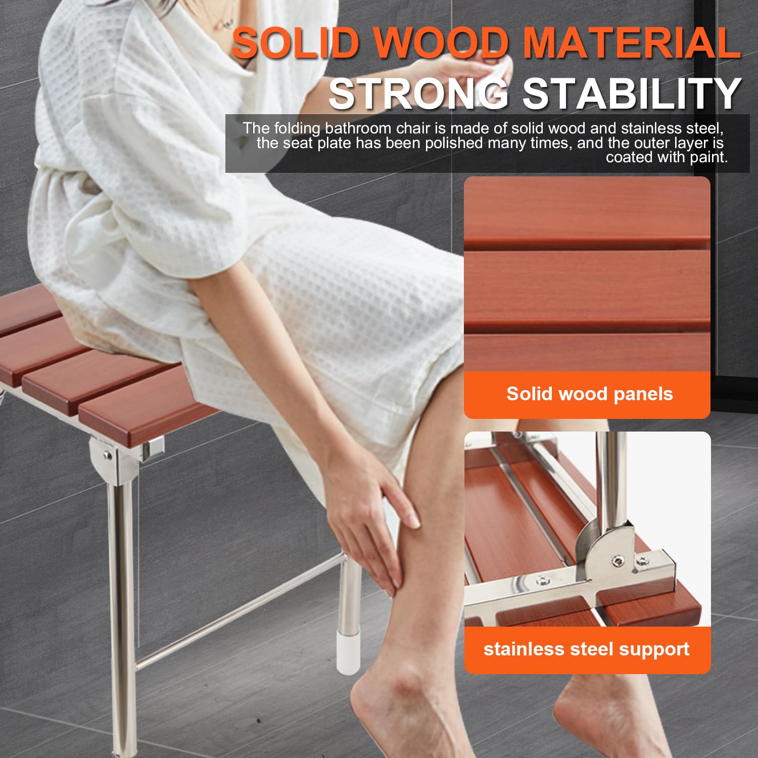 Asiento de ducha plegable montado en la pared con patas, banco de ducha plegable | Silla de baño de madera con patas antideslizantes para ancianos/discapacitados/embarazadas, altura 460 mm