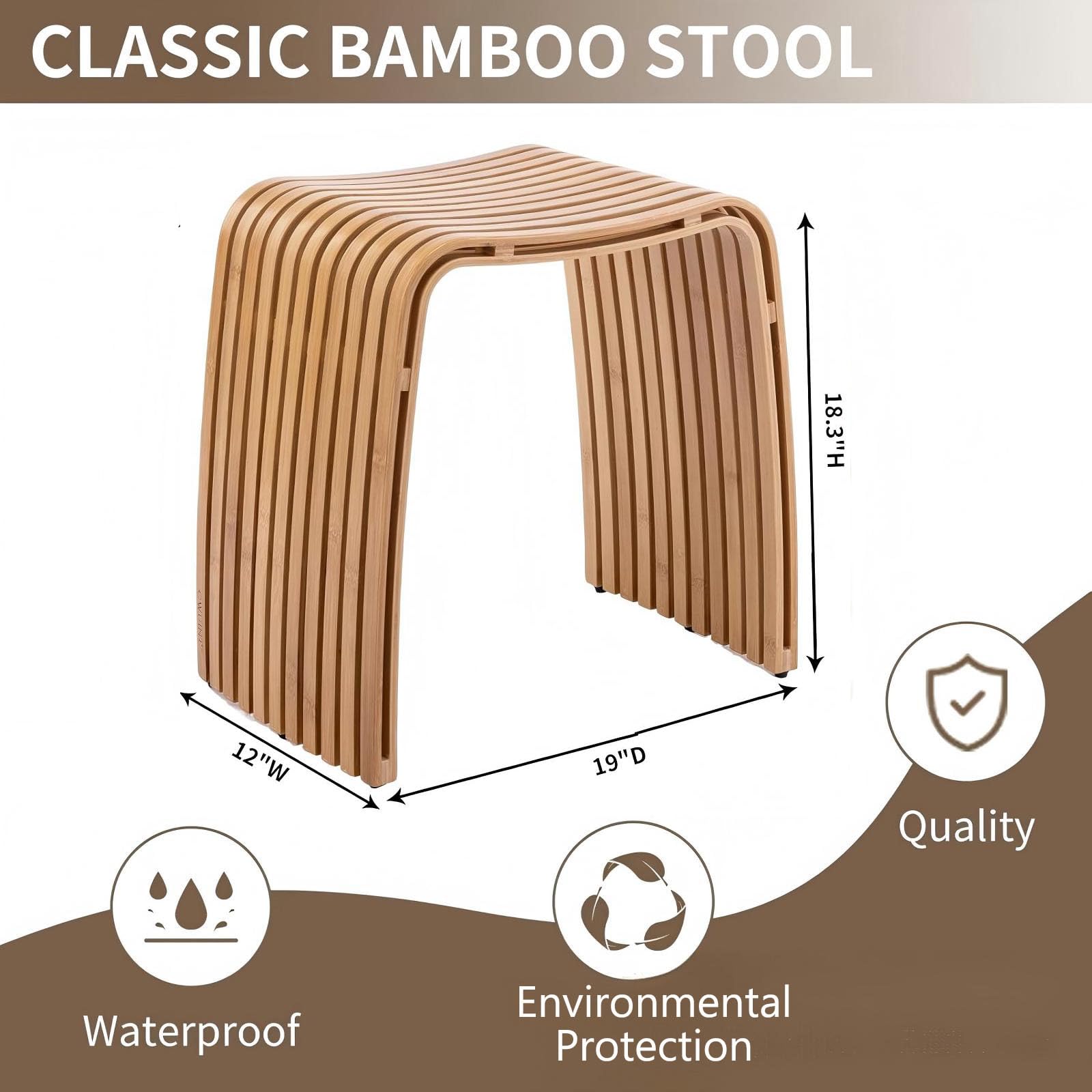Sólido Taburete de Entrada de Madera, Bambú Natural Curvado de 2 Niveles, Elegante Reposapiés en Diseño Escandinavo, Asiento Ligero y Resistente, Taburete de Tocador para Baño, Dormitorio Salón
