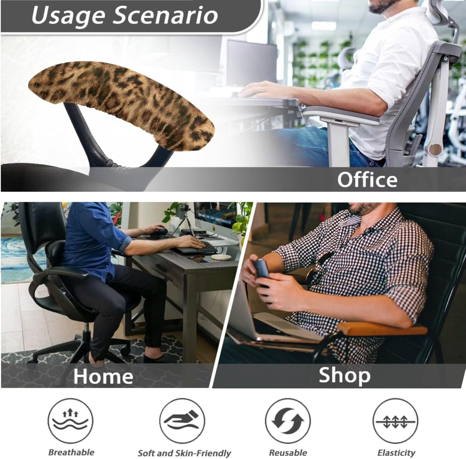 Brown Leopard Print Office Chair Cover Set of 3, Removable Computer Chair Covers Breathable Rotating Chair Slipcovers Water Resistant High Back Seat Cover with Armrest Cover, Large