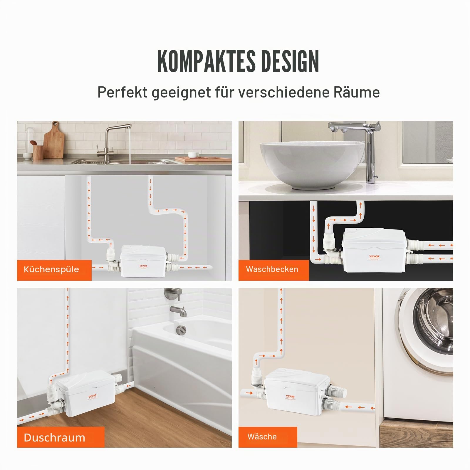 VEVOR Hebeanlage, 350 W, 6000 l/h Durchfluss, 7 m Förderhöhe, Abwasserpumpe mit 3 Wassereinlässen für Keller, Küche, Spüle, Dusche, Badewanne, Wäscheabwasserentsorgung, Aufspülmaschine