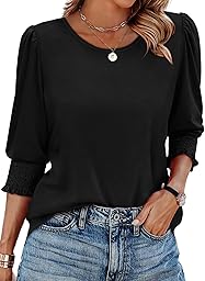 XIEERDUO Blouses for Women Dressy Casual 3/4 Length Sleeve Womens Tops with Smocked Cuffs
