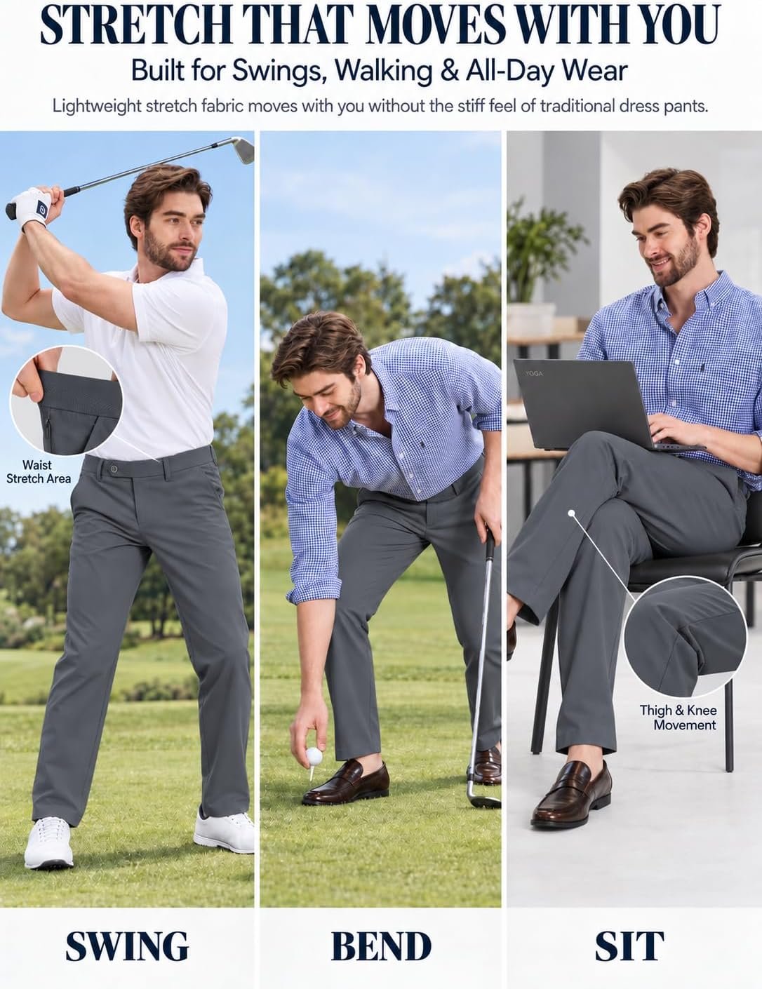 Men's Golf Pants All-Day Stretch Chinos Water-Resistant Quick Dry