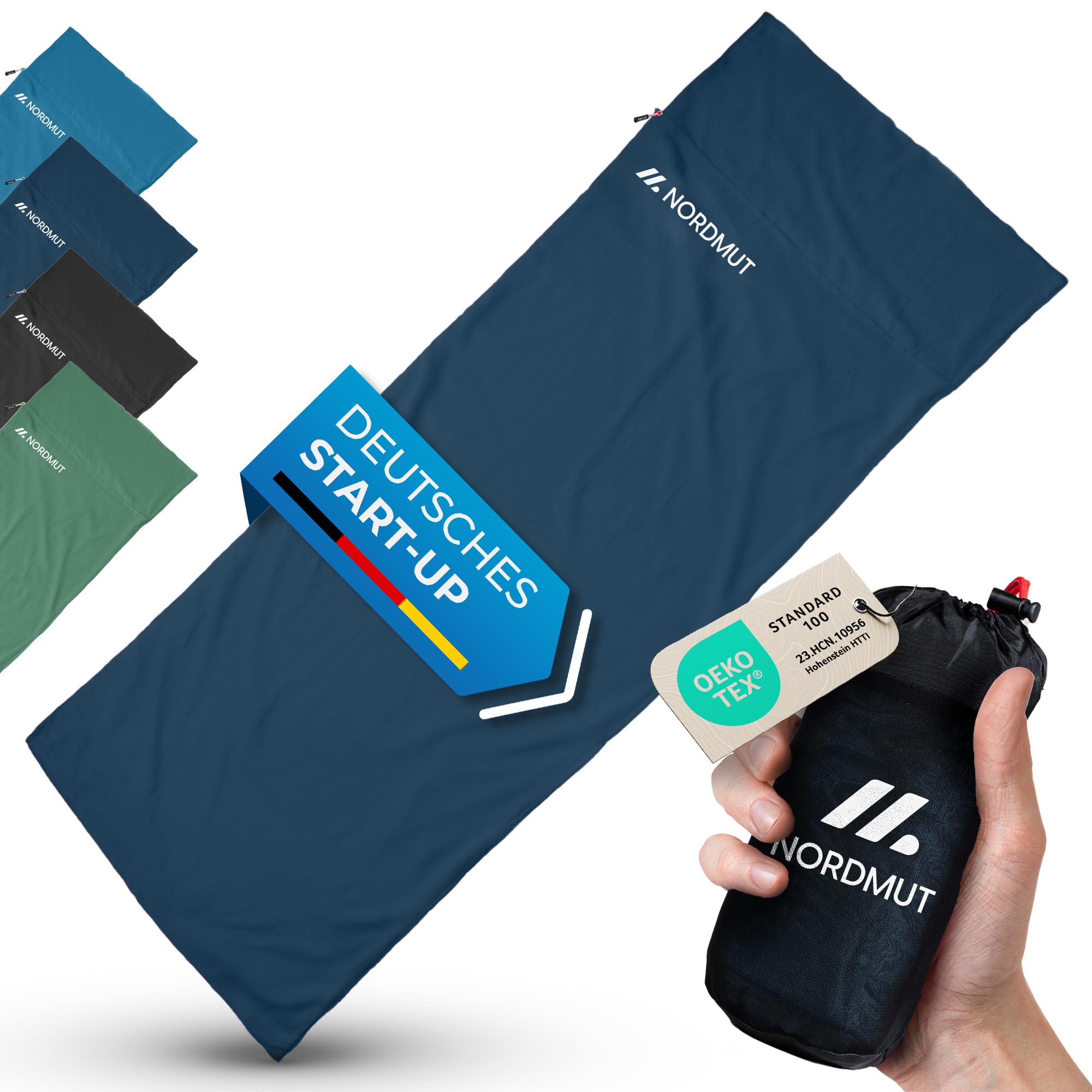 NORDMUT® Hüttenschlafsack Ultraleicht aus Mikrofaser oder Baumwolle - Reiseschlafsack atmungsaktiv kleines Packmaß & besonders weich inkl. Kissenfach