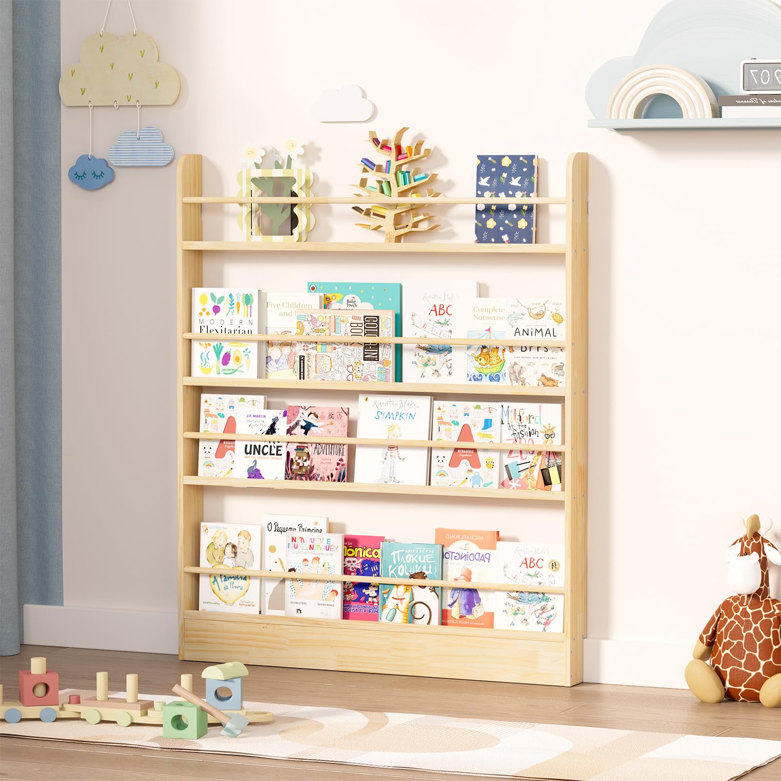 Estantería detrás de la puerta, estantería de madera de 4 niveles para niños para libros y almacenamiento de juguetes para adultos, ahorro de espacio en el dormitorio, sala de estar, sala de