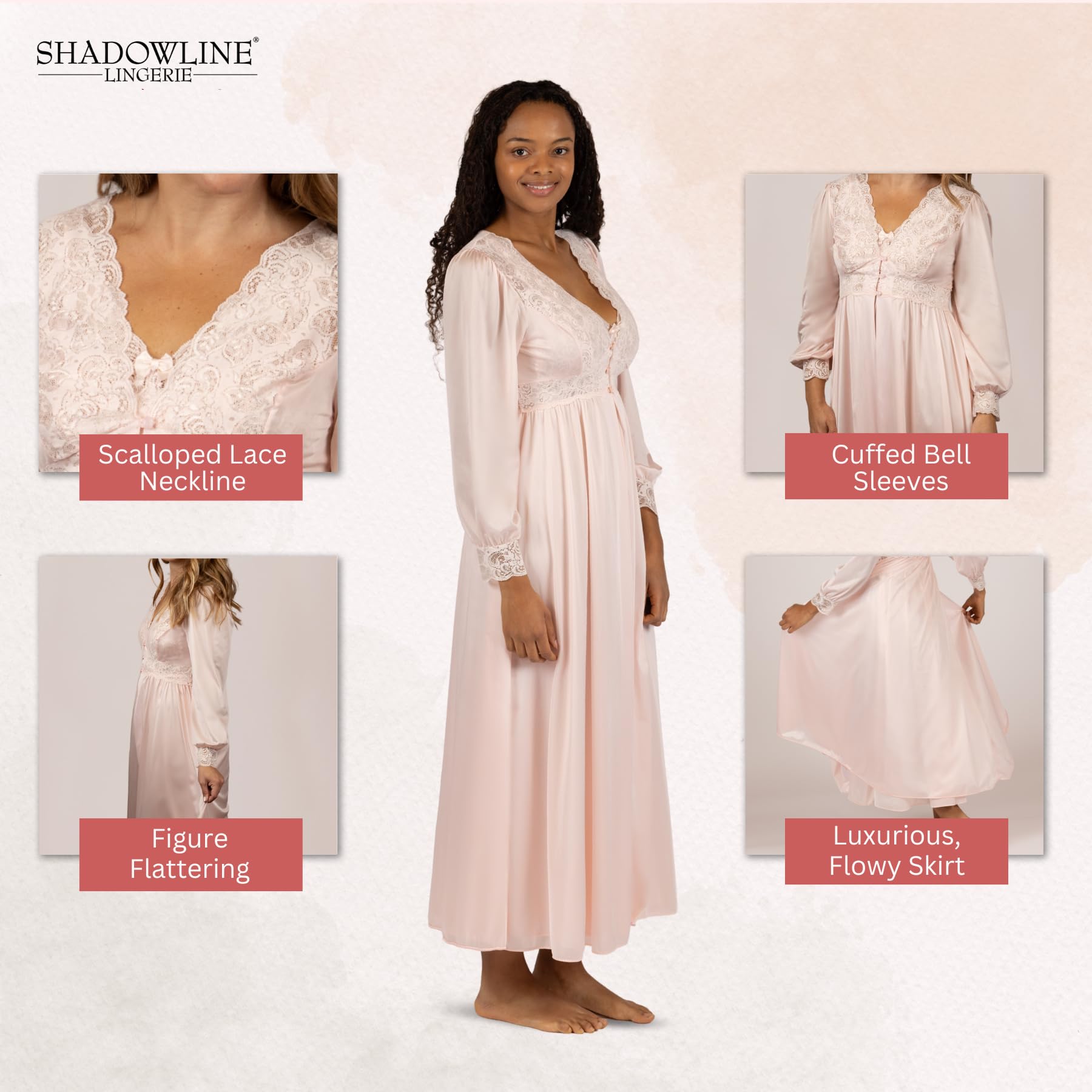 SHADOWLINE Langer, fließender Damen-Bademantel mit Knopfleiste, Seide Blumenmuster, Stretch, Spitze, Mieder, Dessous, elegante Nachtwäsche