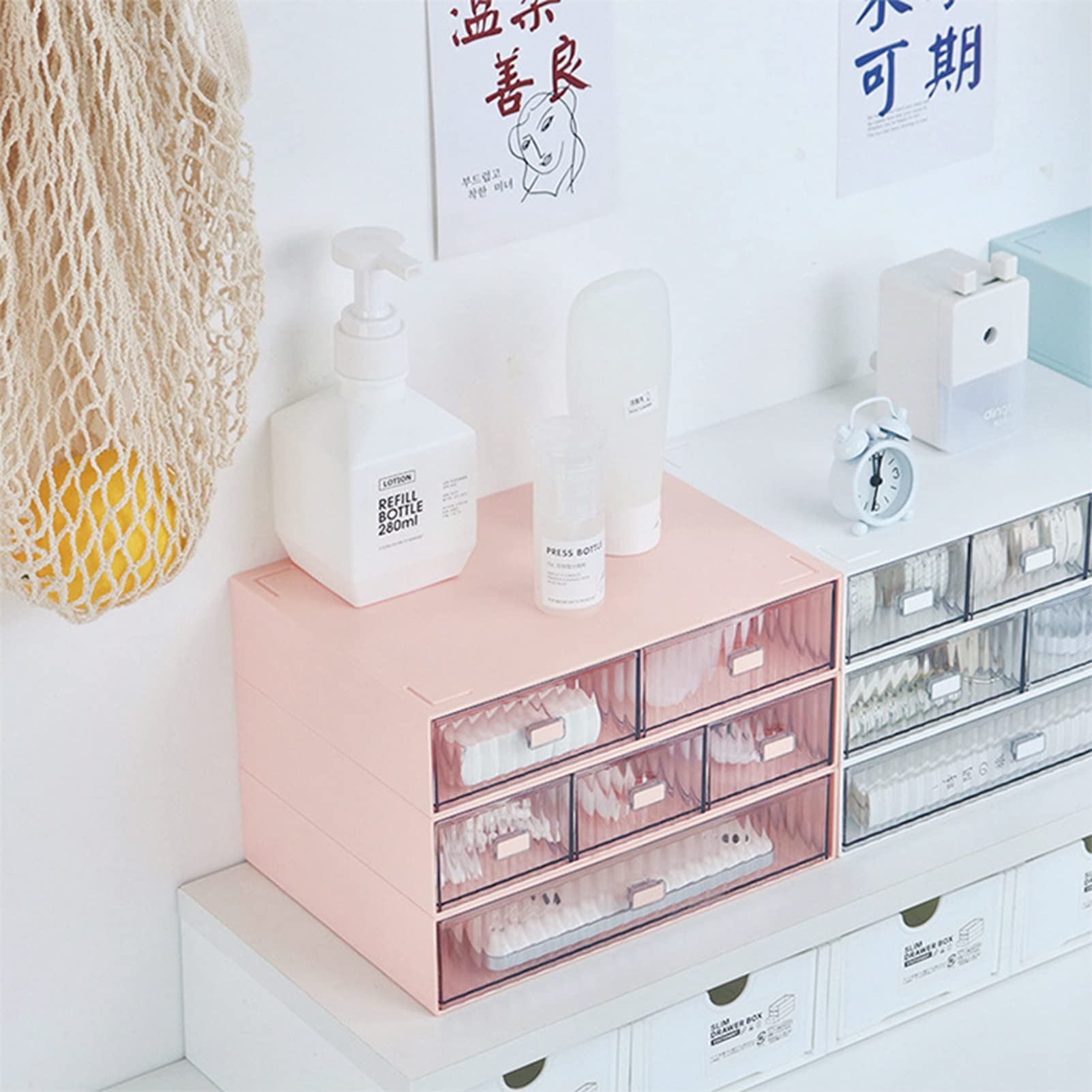 Cajón organizador de escritorio apilable, caja de almacenamiento de escritorio de plástico, organizador de maquillaje impermeable, cajón de escritorio para almacenamiento de manualidades (rosa-2)