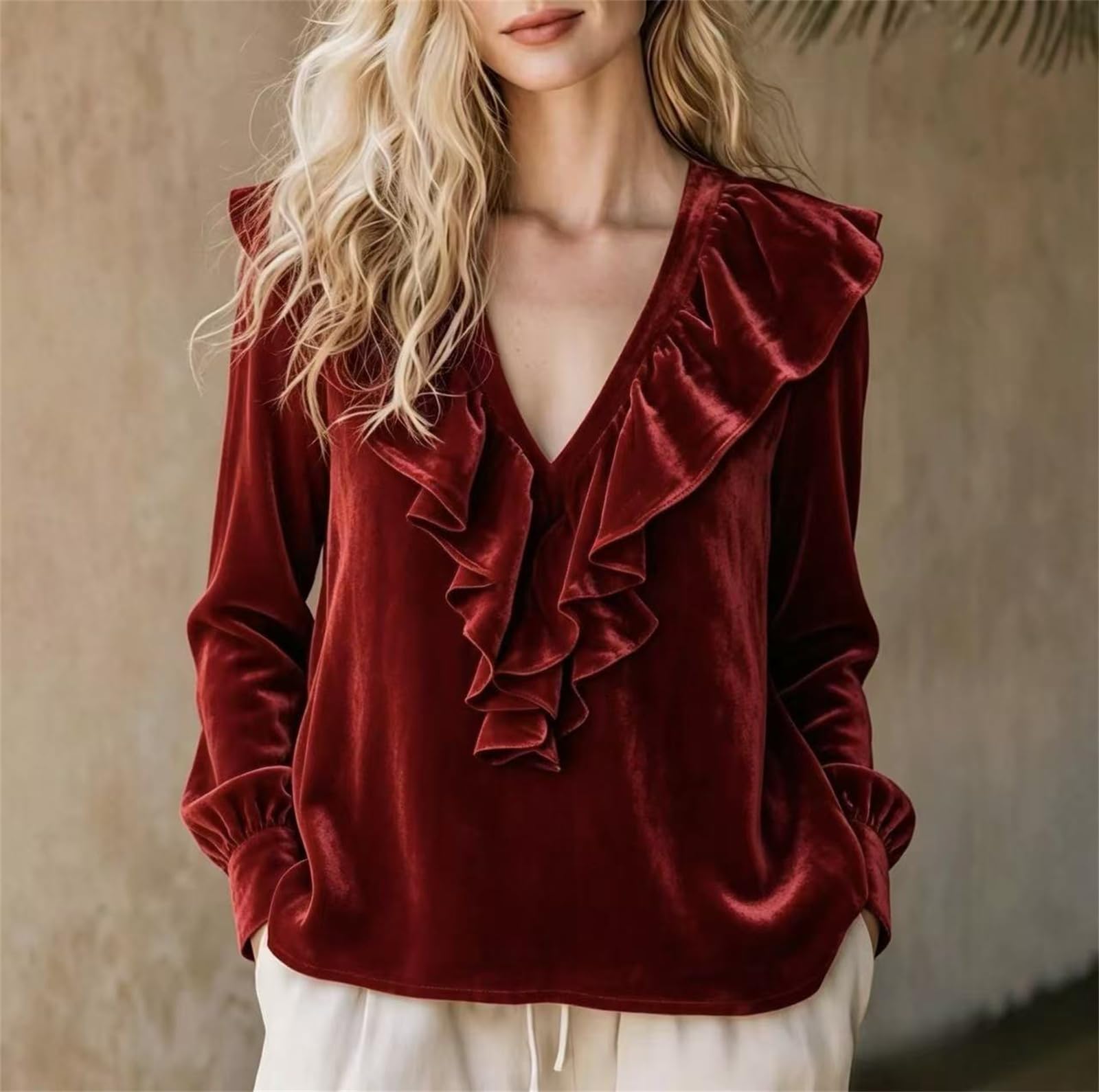 Top Mujer Terciopelo Cuello V Volantes Manga Larga Corte Holgado Casual Elegante Otoño