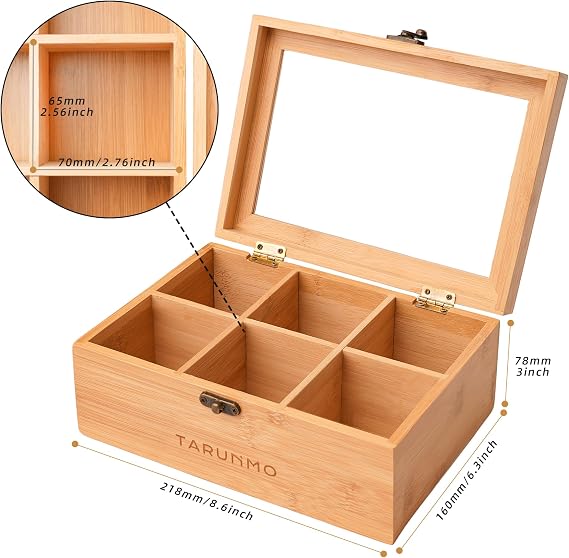 Bamboo Tea Organiser with Clear Lid, 6 Compartments