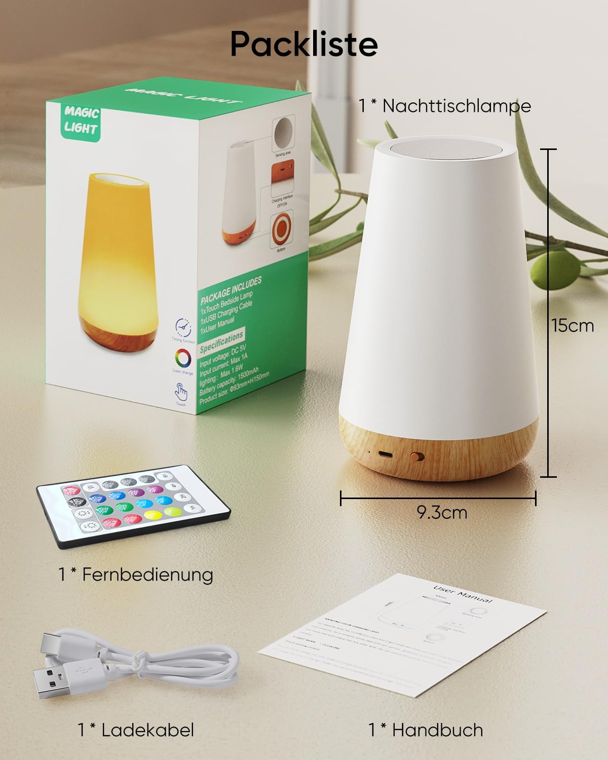 Bonsery Nachttischlampe 2er Set, Led Nachttischlampe Touch Dimmbar USB Aufladbar mit Fernbedienung, Nachtlicht Kinder mit 13 Farben 3 Modi, Tischlampe Kabellos mit Timer für Schlafzimmer Wohnzimmer