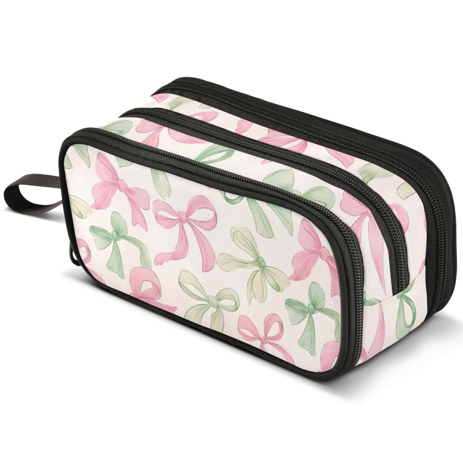 ALAZA Pink Green Bow Large Pencil Case, Pen Pouch Pencil Bag with 3 Compartments Pen Holder Organizer Stationery Bag
