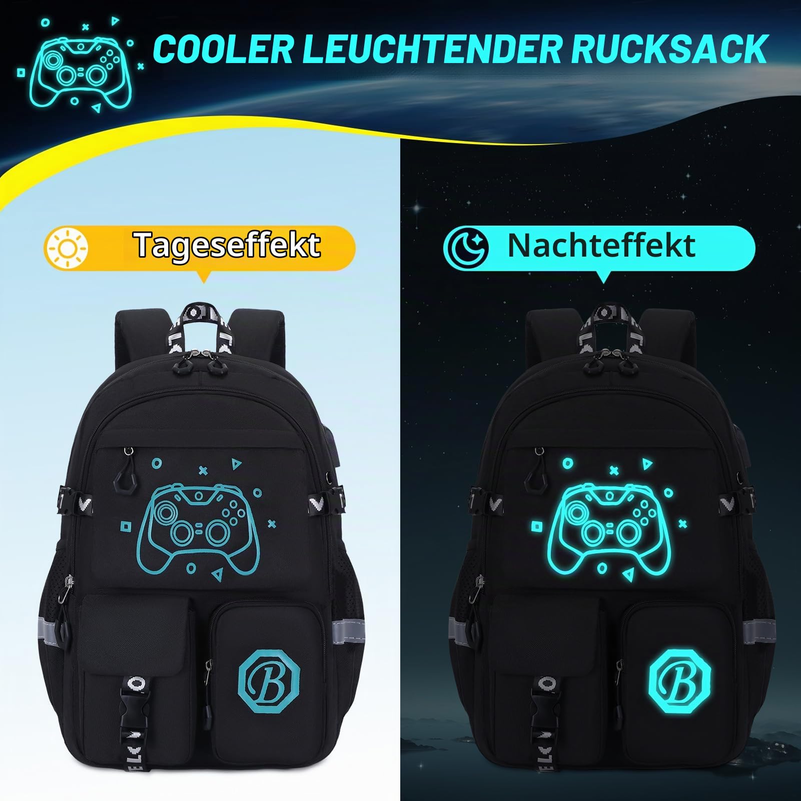 2-teiliges Set Schulrucksack Teenager mit Federmäppchen, Schulranzen für Jungen 3.-9. Klasse, Glow in the Dark Game Console Print, Wasserdicht Rucksack Kinder